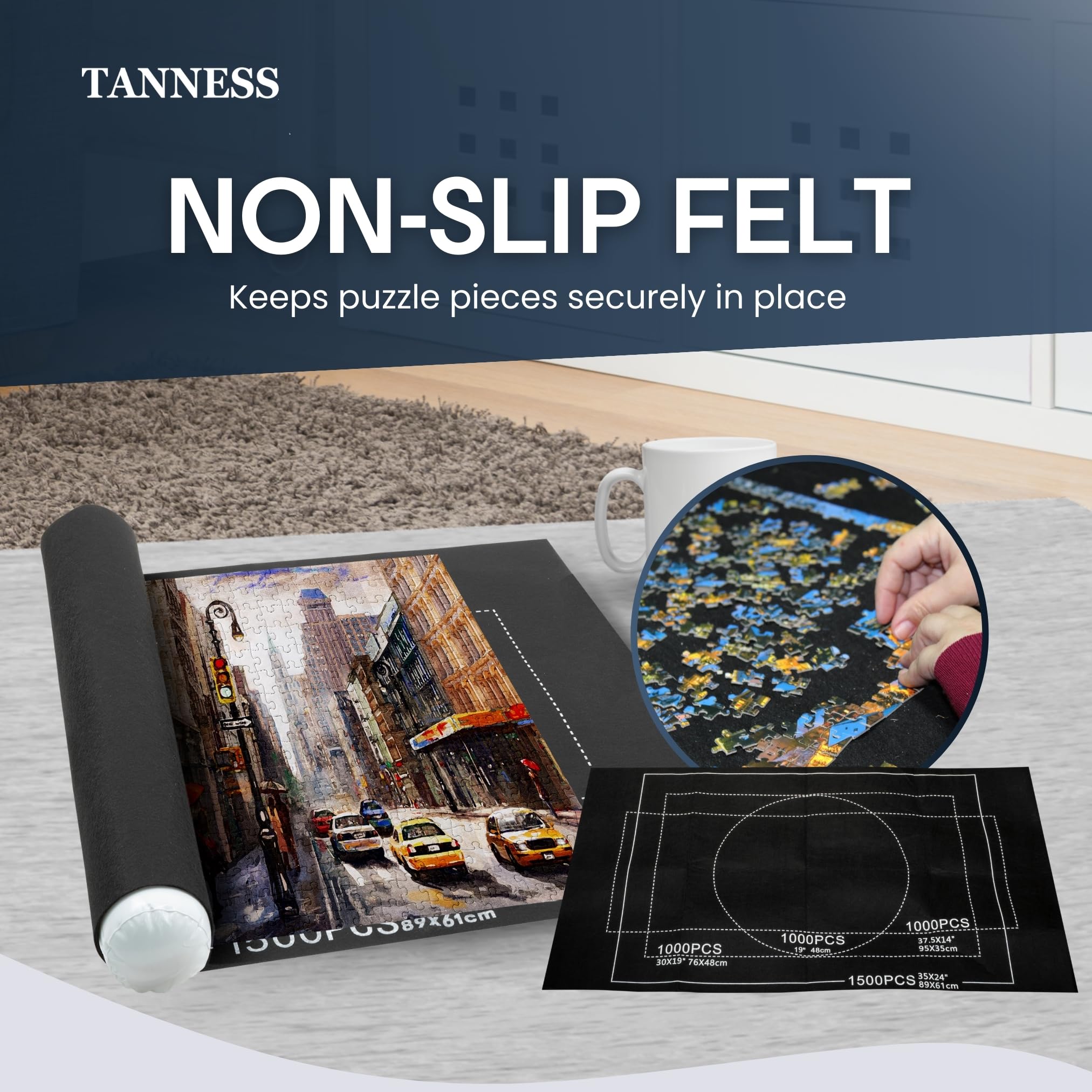 TANNESS Jigsaw Puzzle Mat - Roll-Up Storage for Up to 1500 Pieces | Black Felt, 118cm x 118cm 2