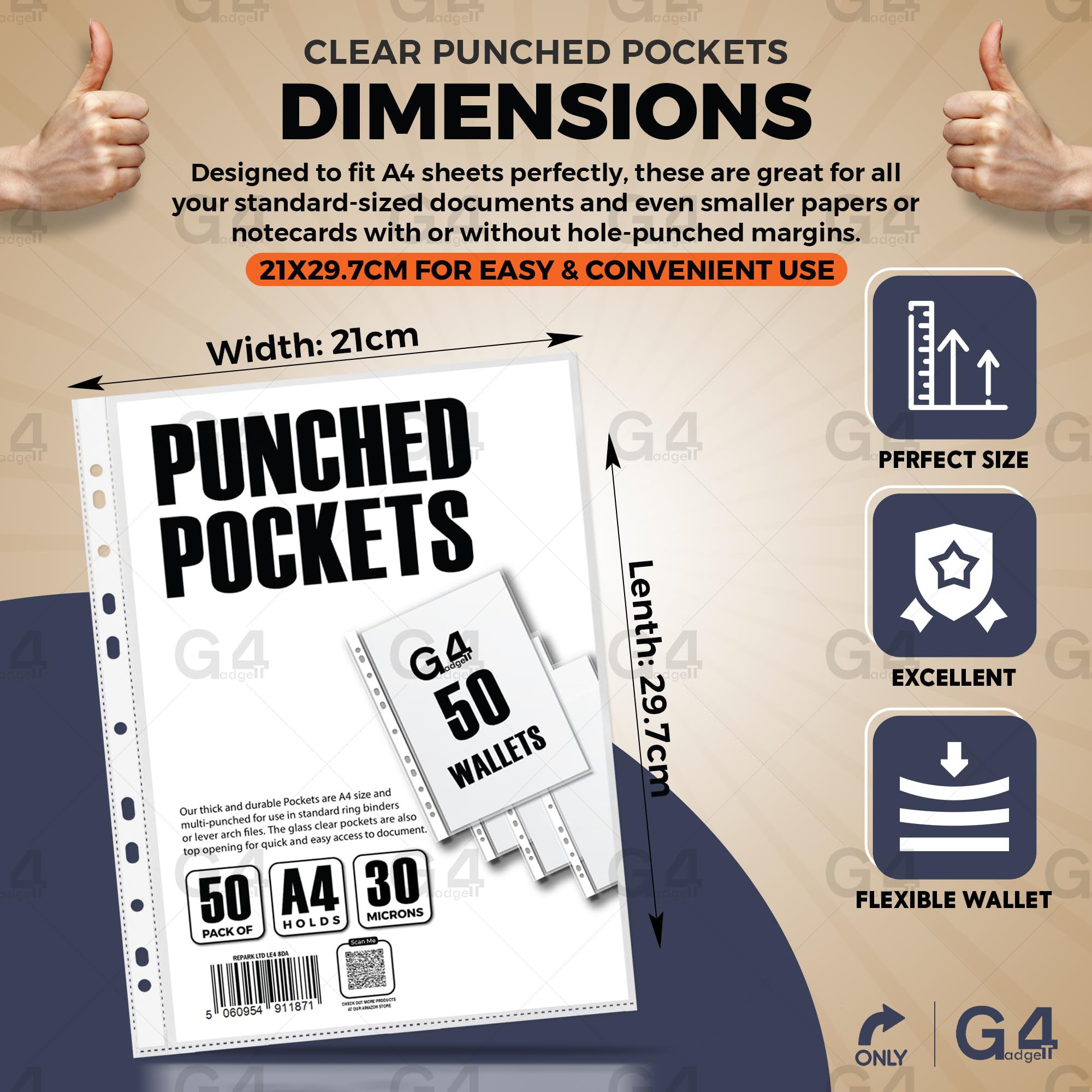 G4GADGET Pack of 50 A4 Clear Plastic Punched Pockets Folders with Frost Finish 3