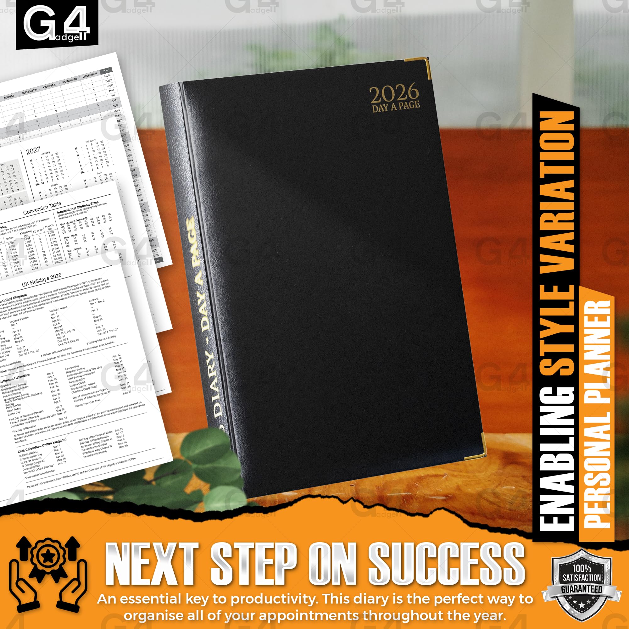 G4GADGET A5 2026 Day a Page Diary - Black Hardback with Gilt Edges | UK Holidays 6