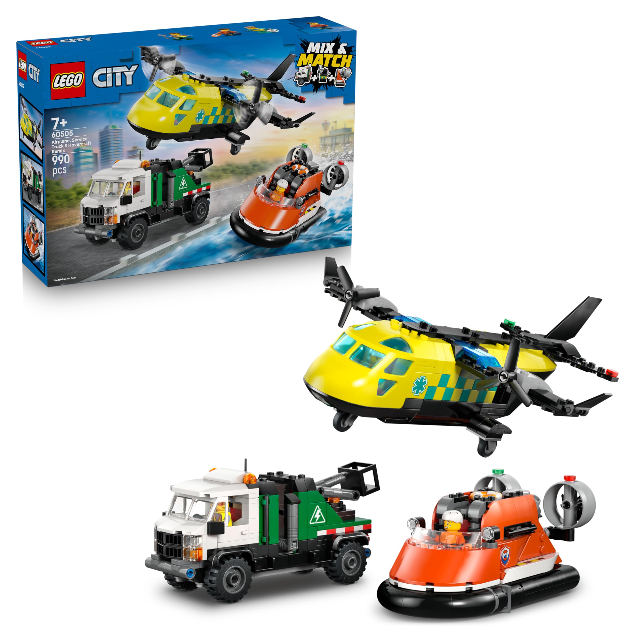 LEGO City 3in1 Airplane, Service Truck & Hovercraft Remix Building Set | Ages 7+