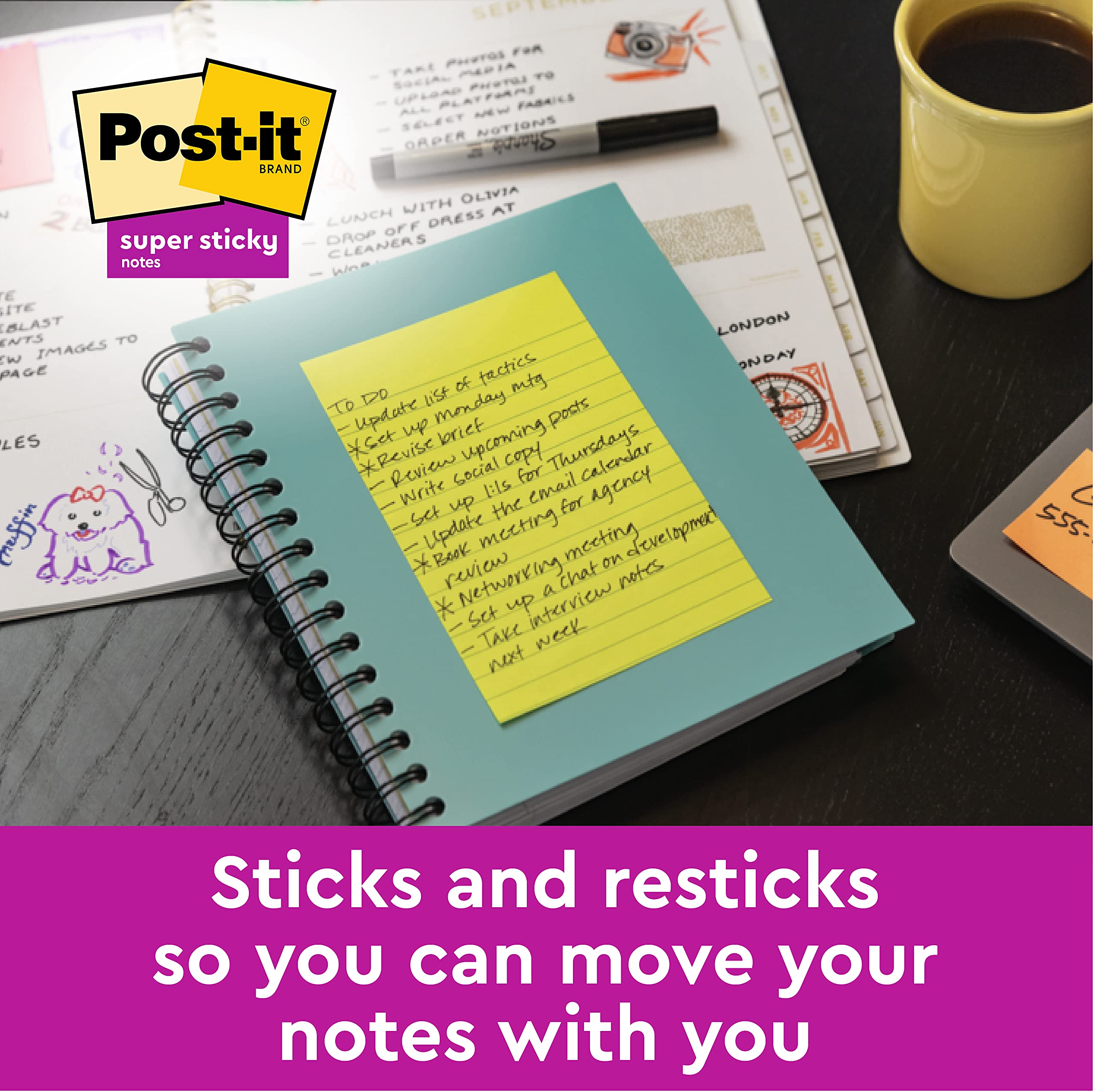 Post-it Super Sticky Notes - 152 x 101 mm Large Pad, Assorted Colors (4 Pads, 45 Sheets/Pad) 6