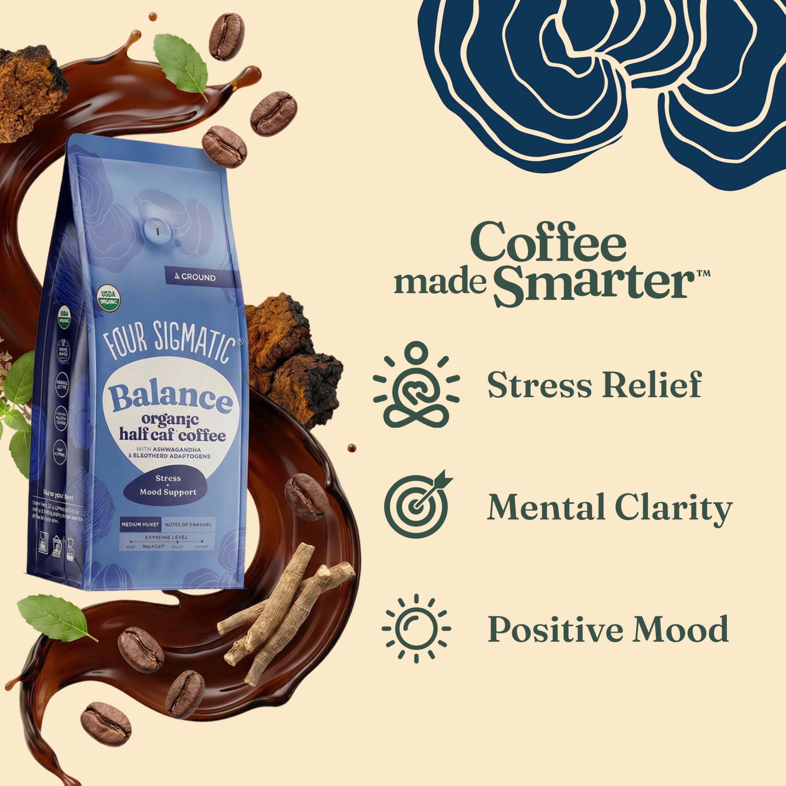 Four Sigmatic Organic Balance Adaptogen Ground Coffee - Medium Roast, Fair Trade, 340 g