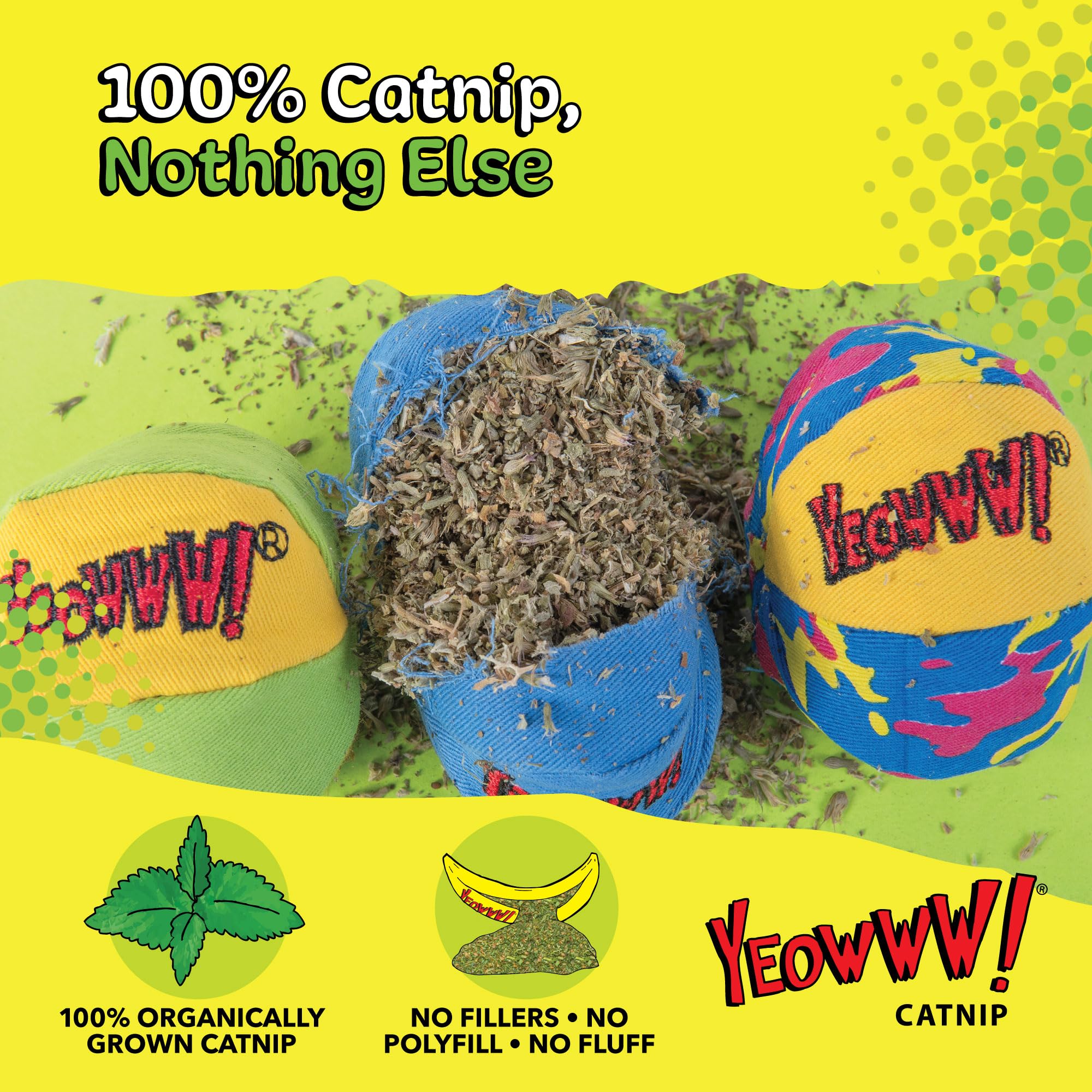 YEOWWW My Cats Balls Cat Toy - Pack of 3 Assorted, 100% Organic Catnip Filled 7
