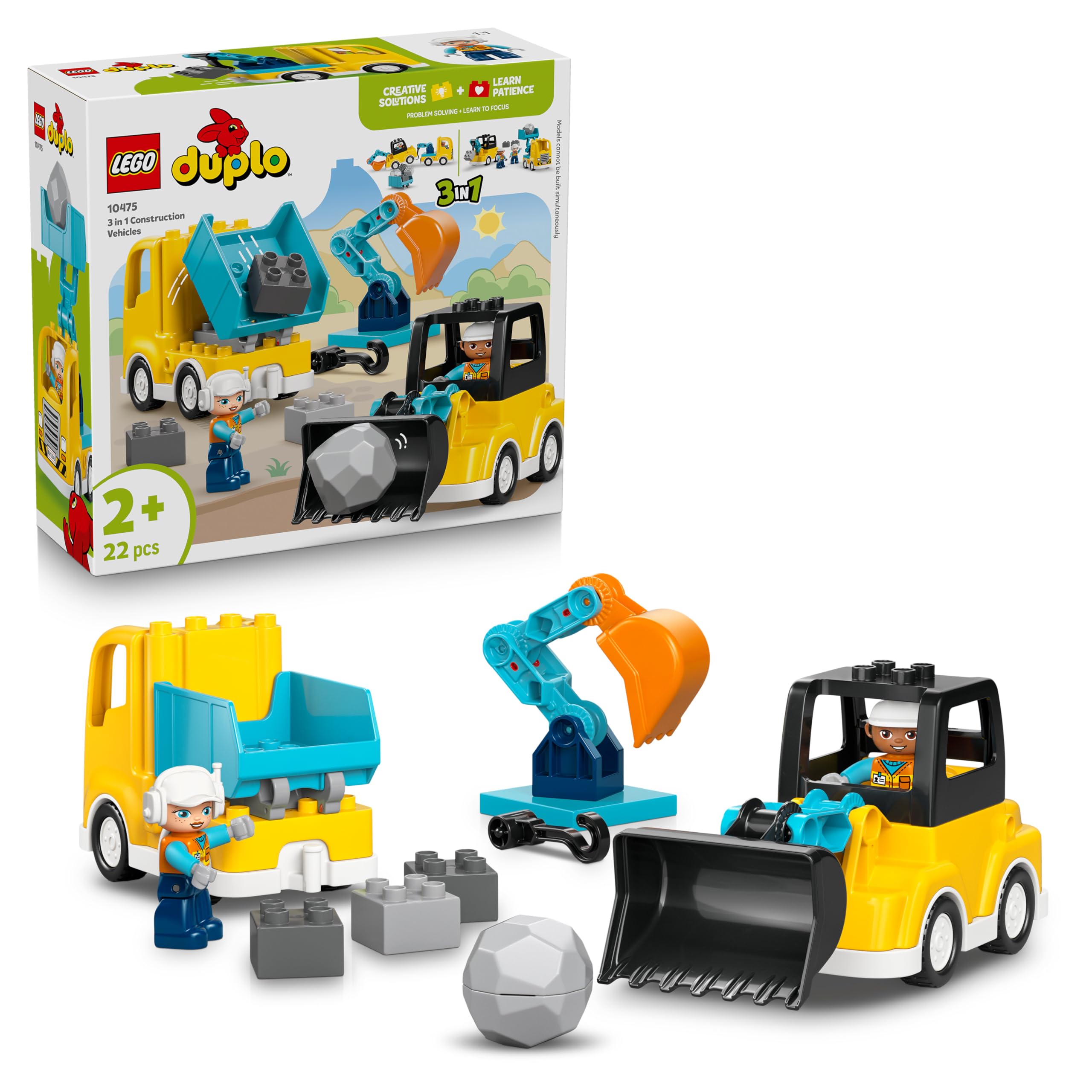 LEGO DUPLO 10475 3 in 1 Construction Vehicles Building Set | 22 Pieces | Ages 2+