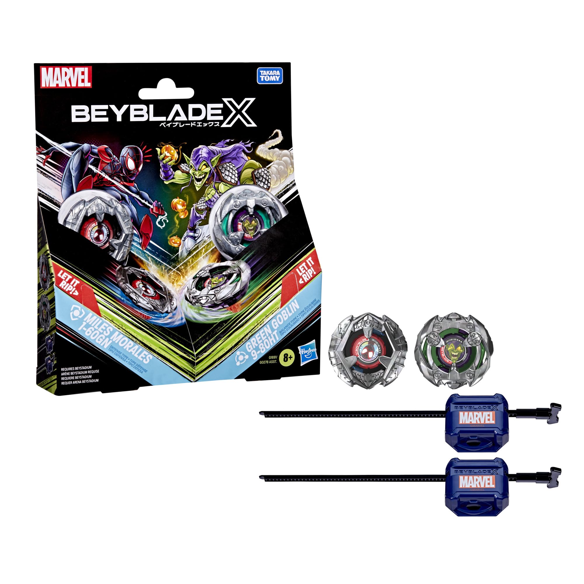 Hasbro Beyblade X Marvel Collab Miles Morales 1-60GN vs Green Goblin 9-80HT Battling Tops Set