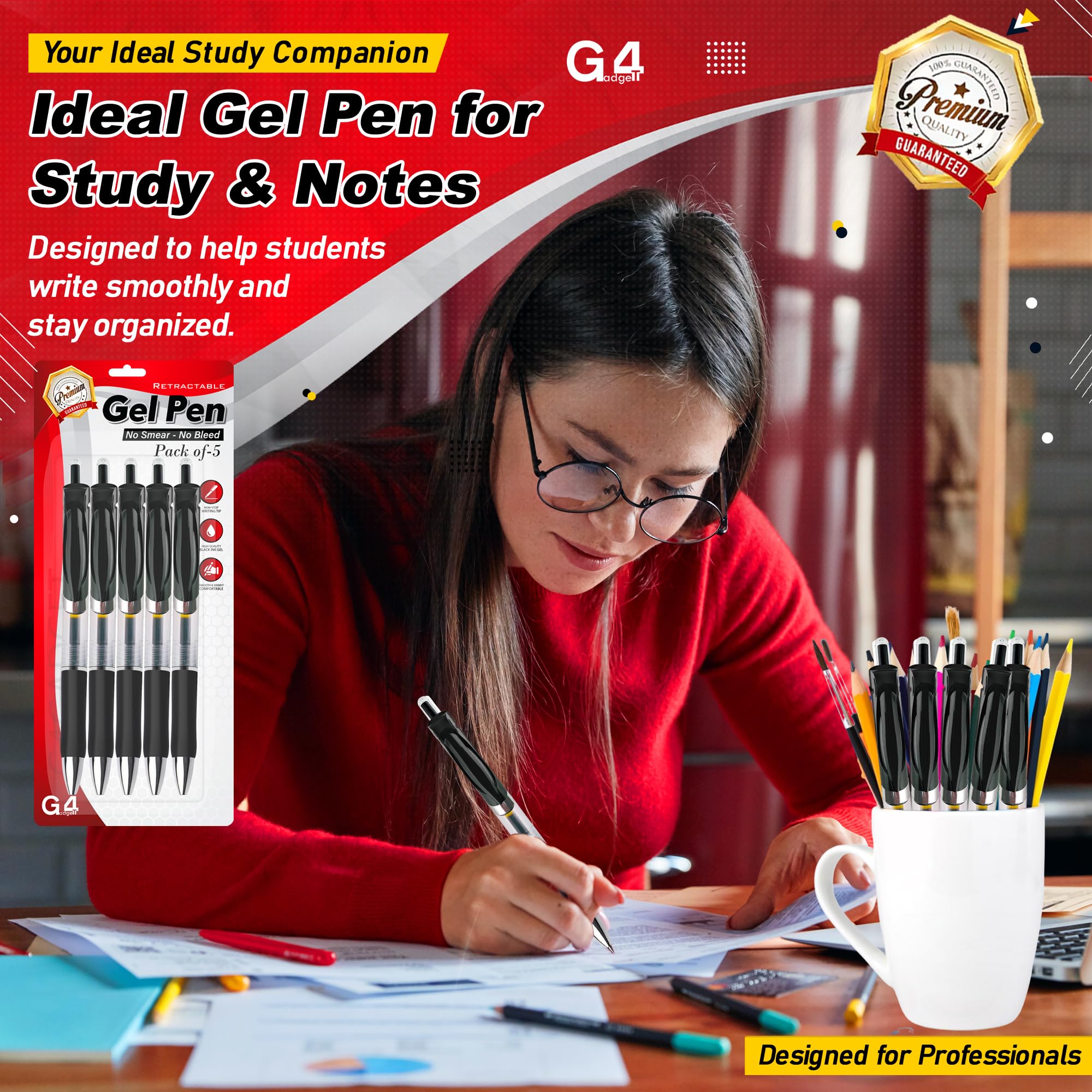G4GADGET Gel Ink Rollerball Pens - 0.7mm Smooth Black Ink, Retractable Click, Comfort Grip | 5 Pack 3