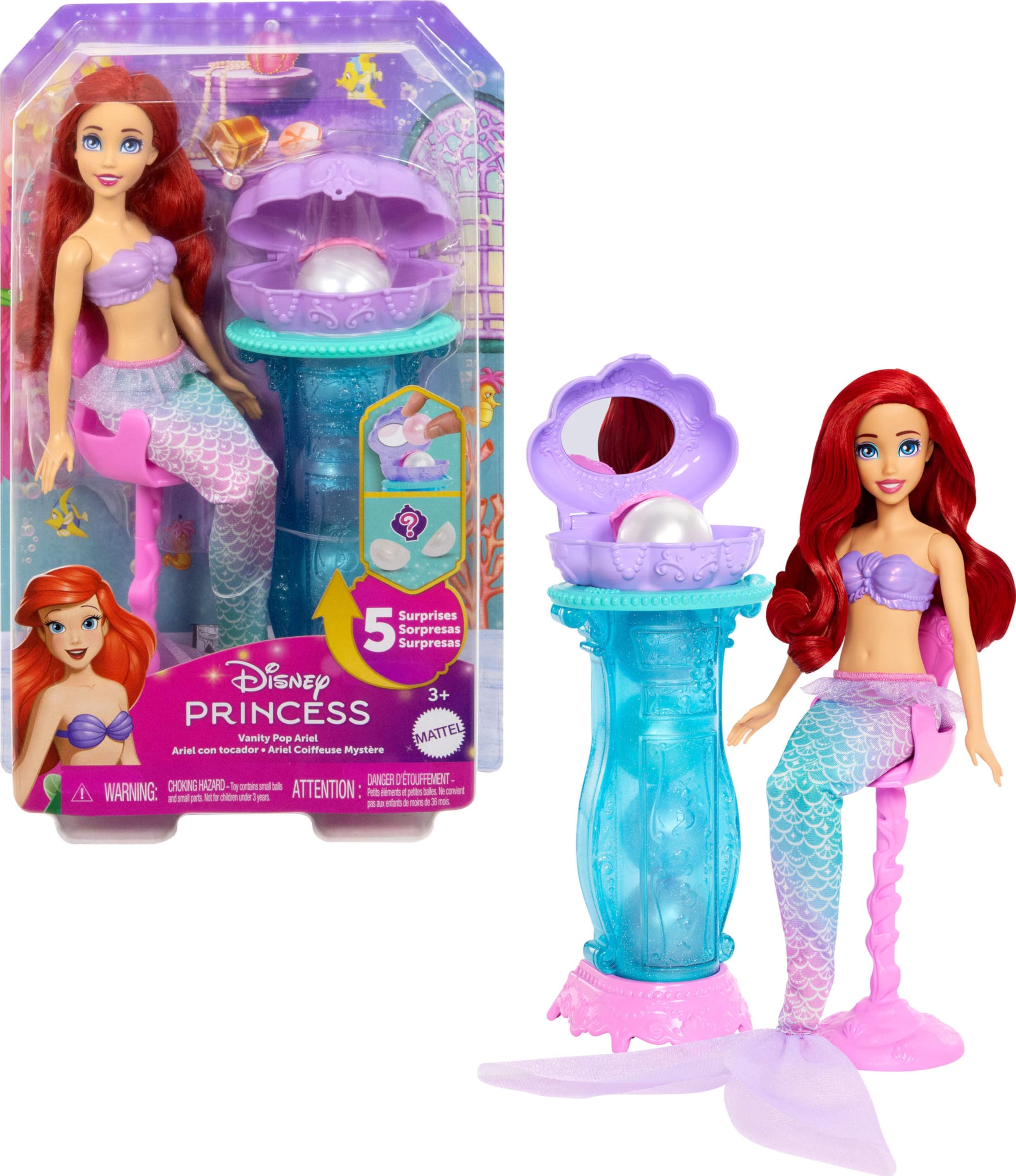 Mattel Disney Princess Ariel Vanity Pop Mermaid Fashion Doll with 10 Accessories | JBF86