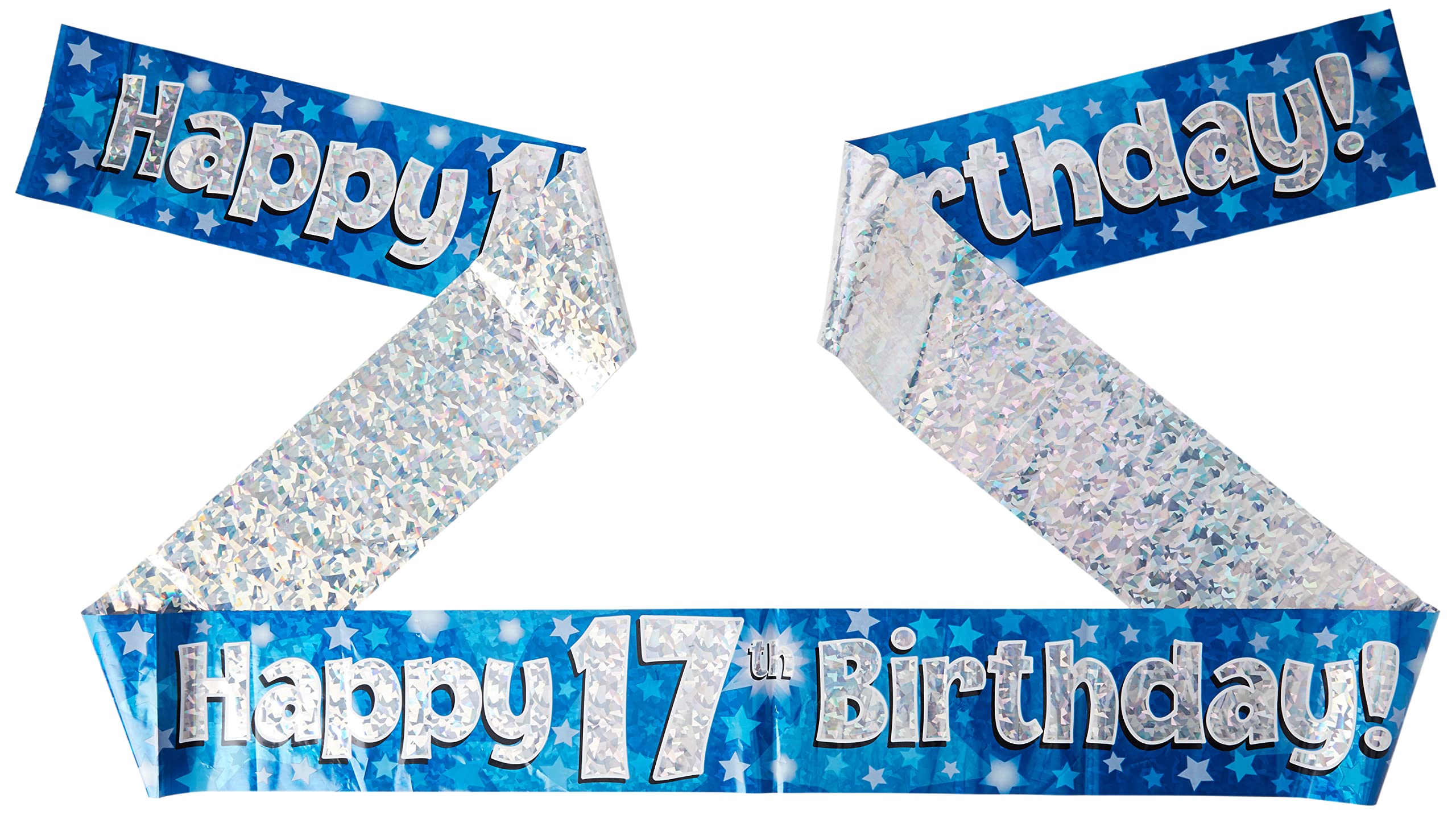 OakTree Happy 17th Birthday Banner - 9 ft Blue Holographic Plastic Decoration