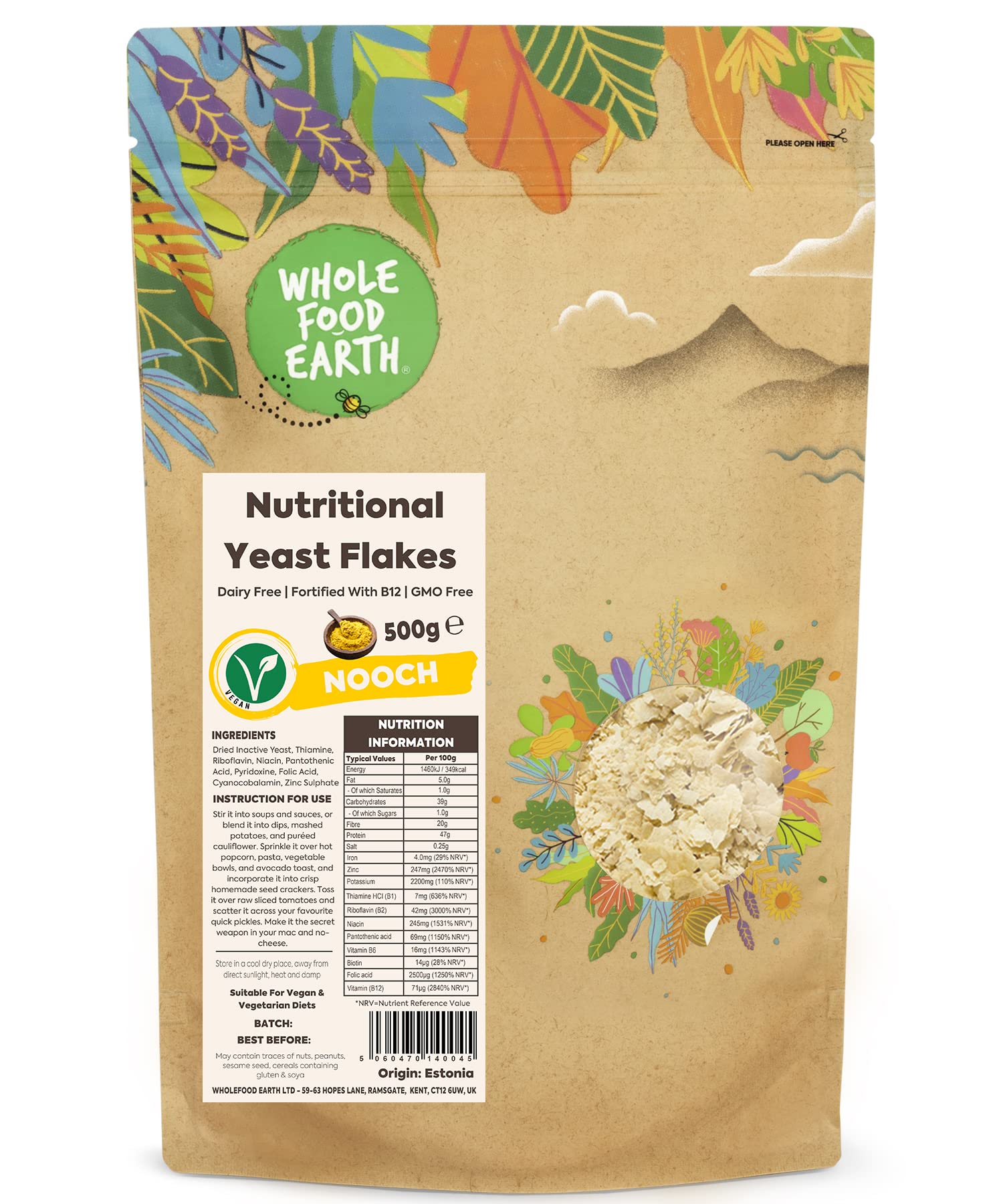 Wholefood Earth Nutritional Yeast Flakes with B12 - 500g | Vegan Friendly | GMO Free