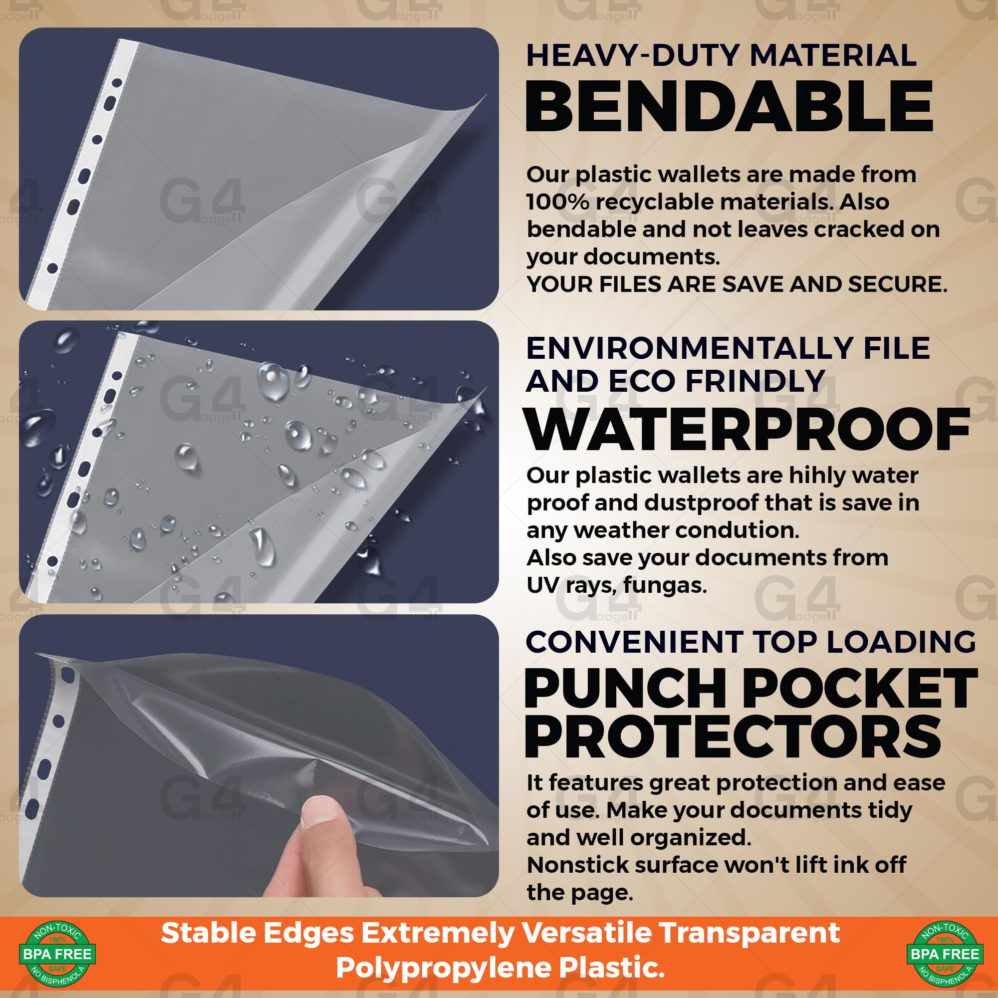 G4GADGET Pack of 50 A4 Clear Plastic Punched Pockets Folders with Frost Finish 6