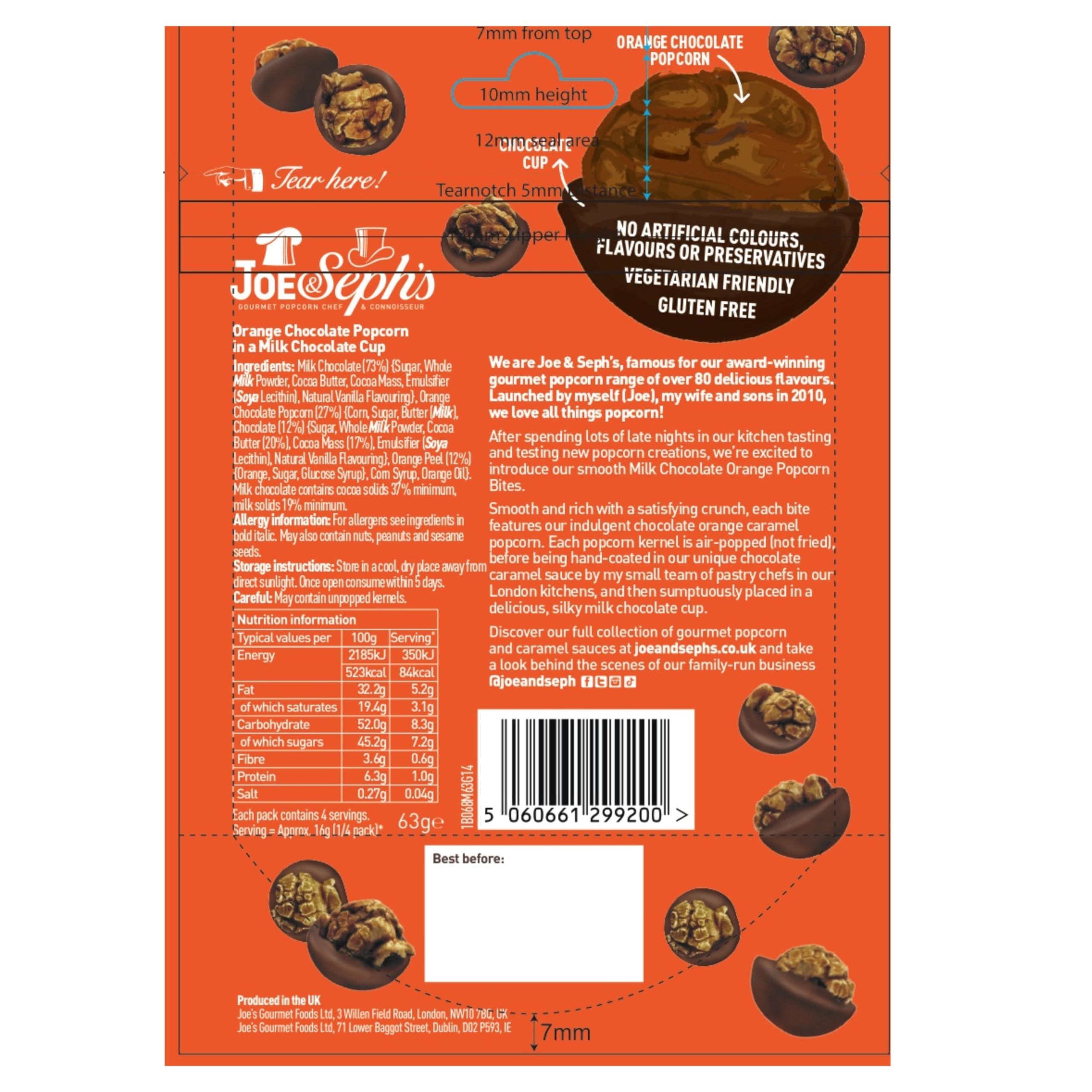 Joe &amp; Seph's Milchschokoladen-Orangen-Popcorn-Bites (63 g) – Gourmet-Popcorn mit belgischer Schokoladeüberzug