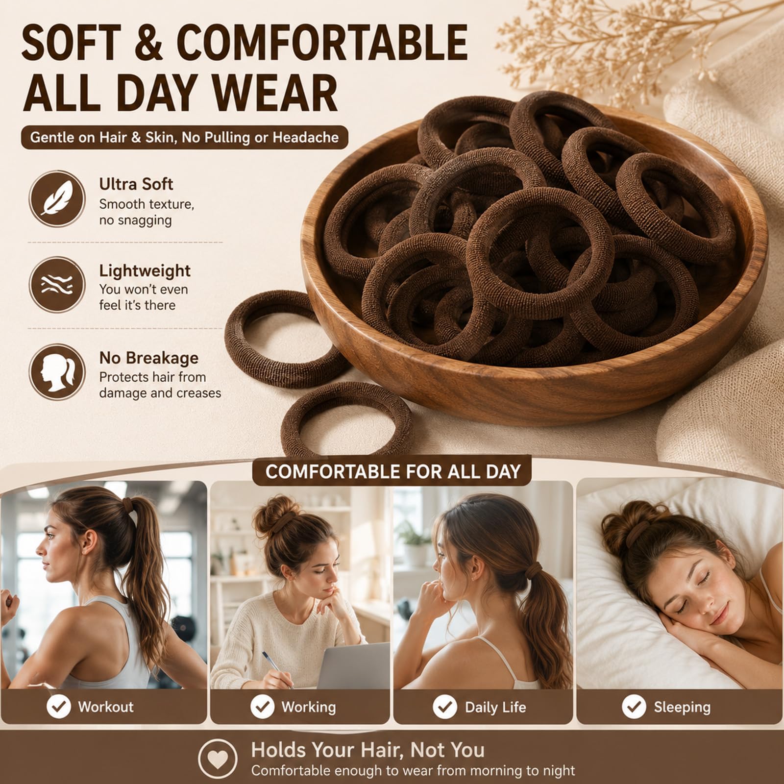 Admygo Elastic Hair Ties - 50 Pack Seamless Thick Hair Ties | Dark Brown | High Elasticity 5