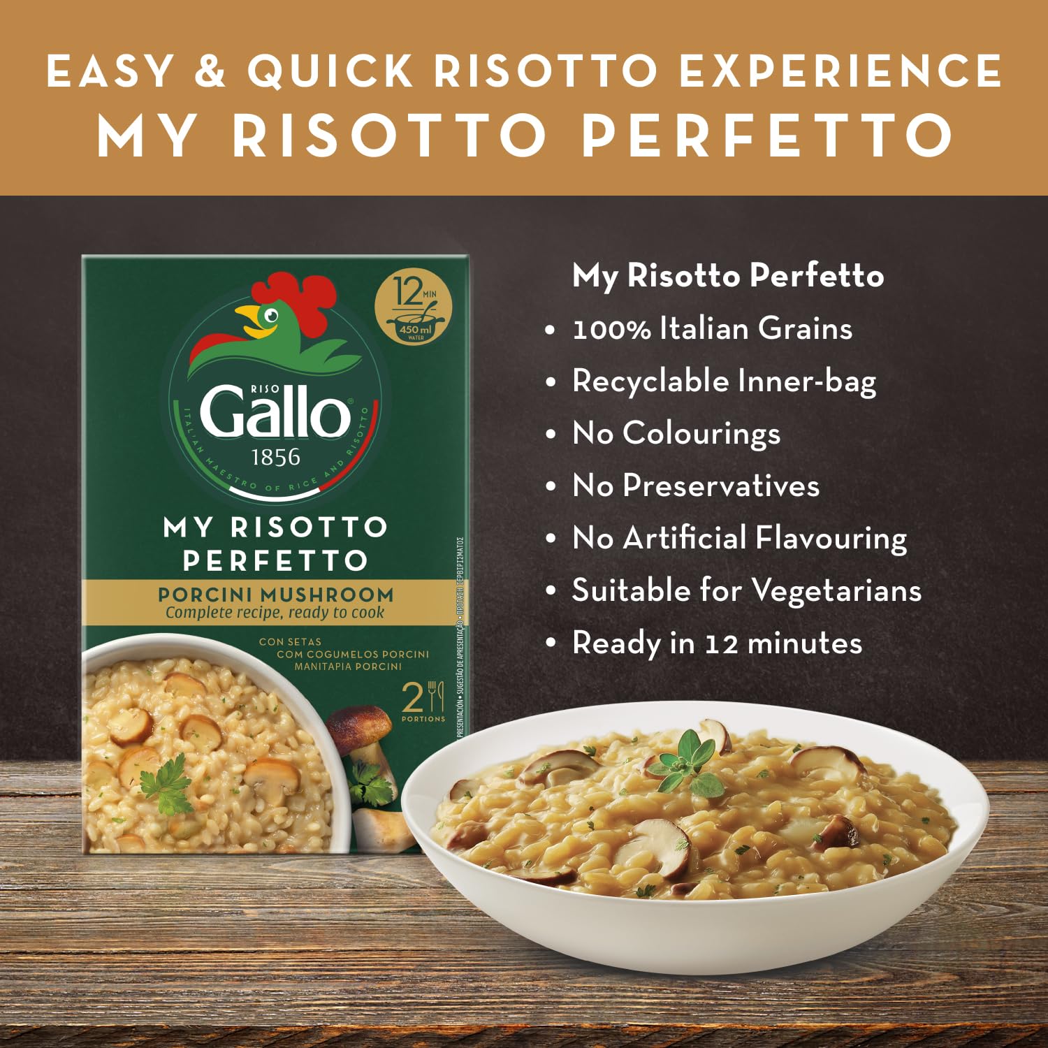 Riso Gallo My Risotto Perfetto Vegan Porcini Mushroom Ready-to-Cook Rice Mix | 175g Pack of 6 3