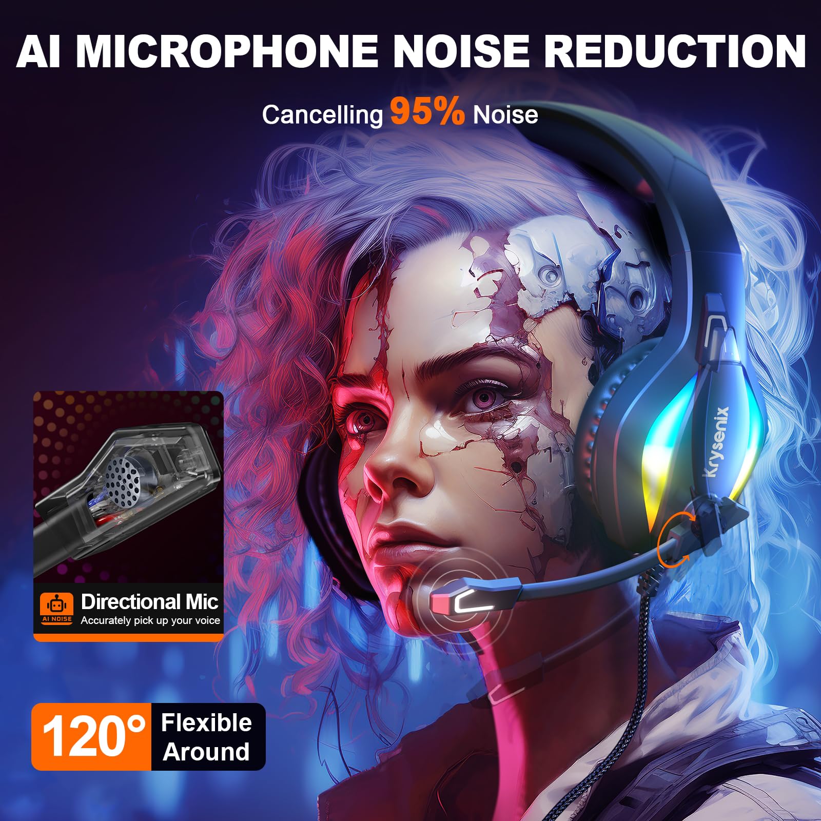 Krysenix PG1 RGB Gaming Headset - Multi-Platform Compatible, Stereo Surround Sound, Noise-Canceling Mic 3