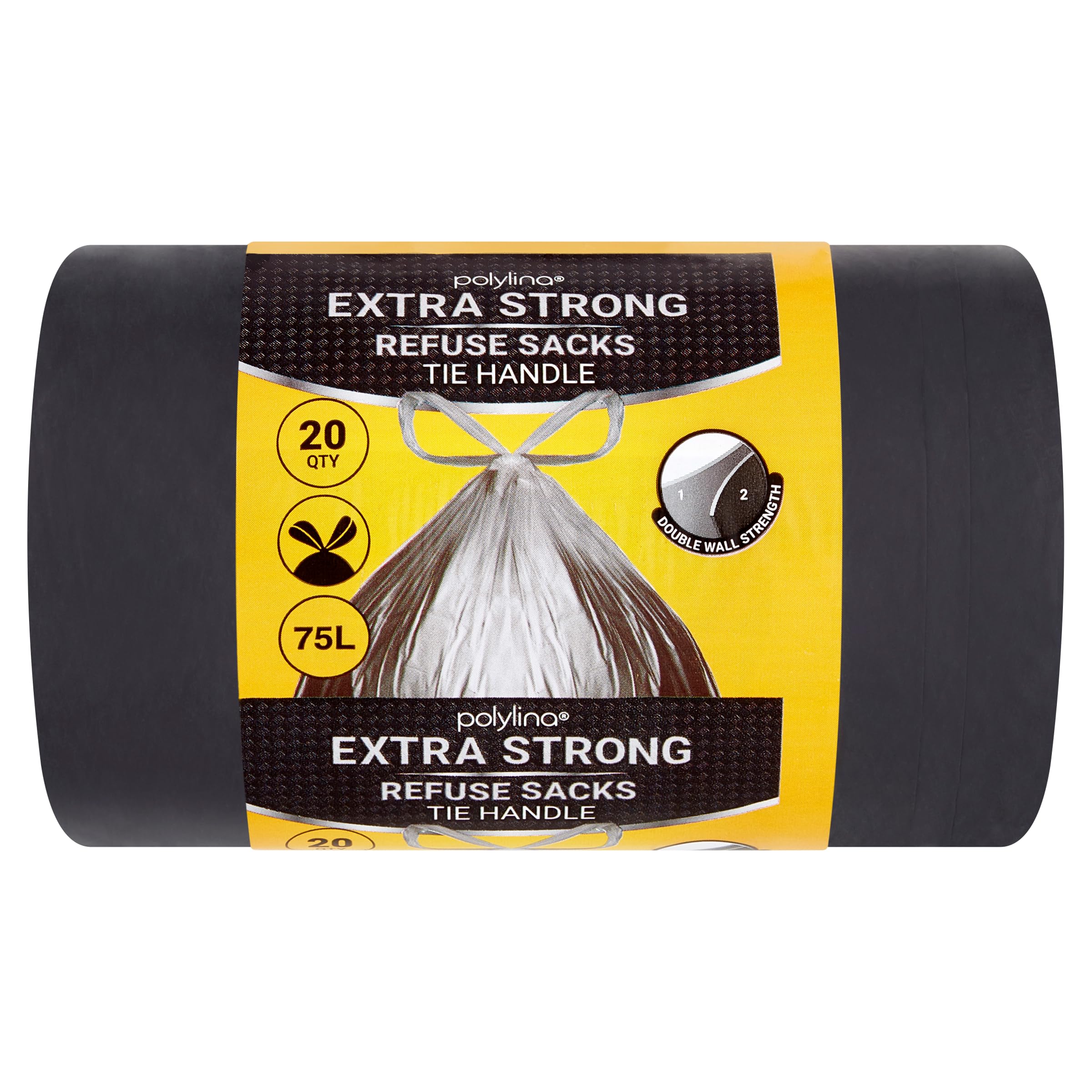 Polylina Extra Strong Bin Bags - 75 Litre Capacity, Heavy Duty Tie Handle, 20 Count