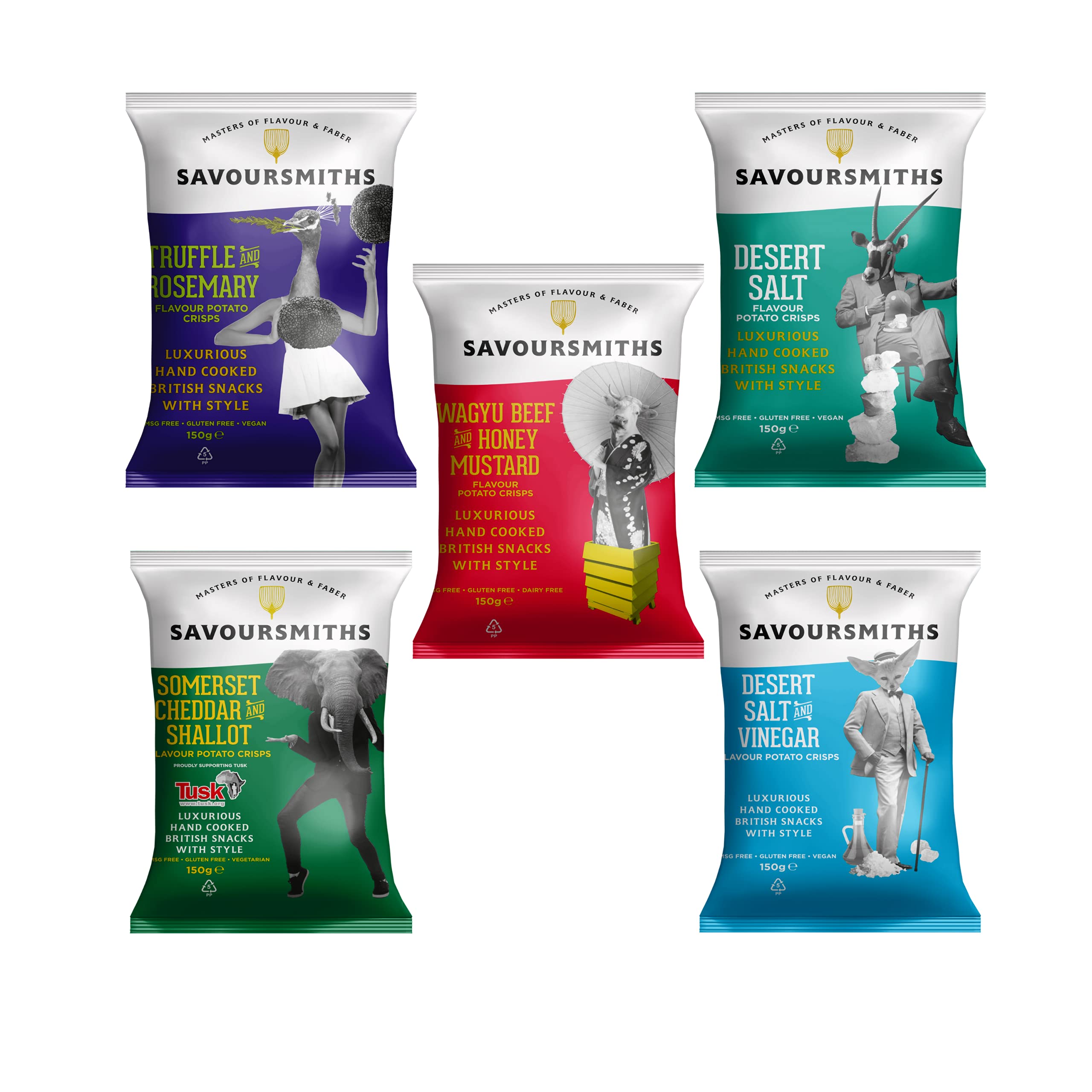 Savoursmiths Big 5 Flavours – 5 x 150 g Beutel | Luxus-Chips | Trüffel &amp; Rosmarin | Wagyu-Rindfleisch &amp; Honig-Senf | Wüstensalz | Somerset Cheddar &amp; Schalotte | Wüstensalz &amp; Essig | Gluten- &amp; MSG-frei