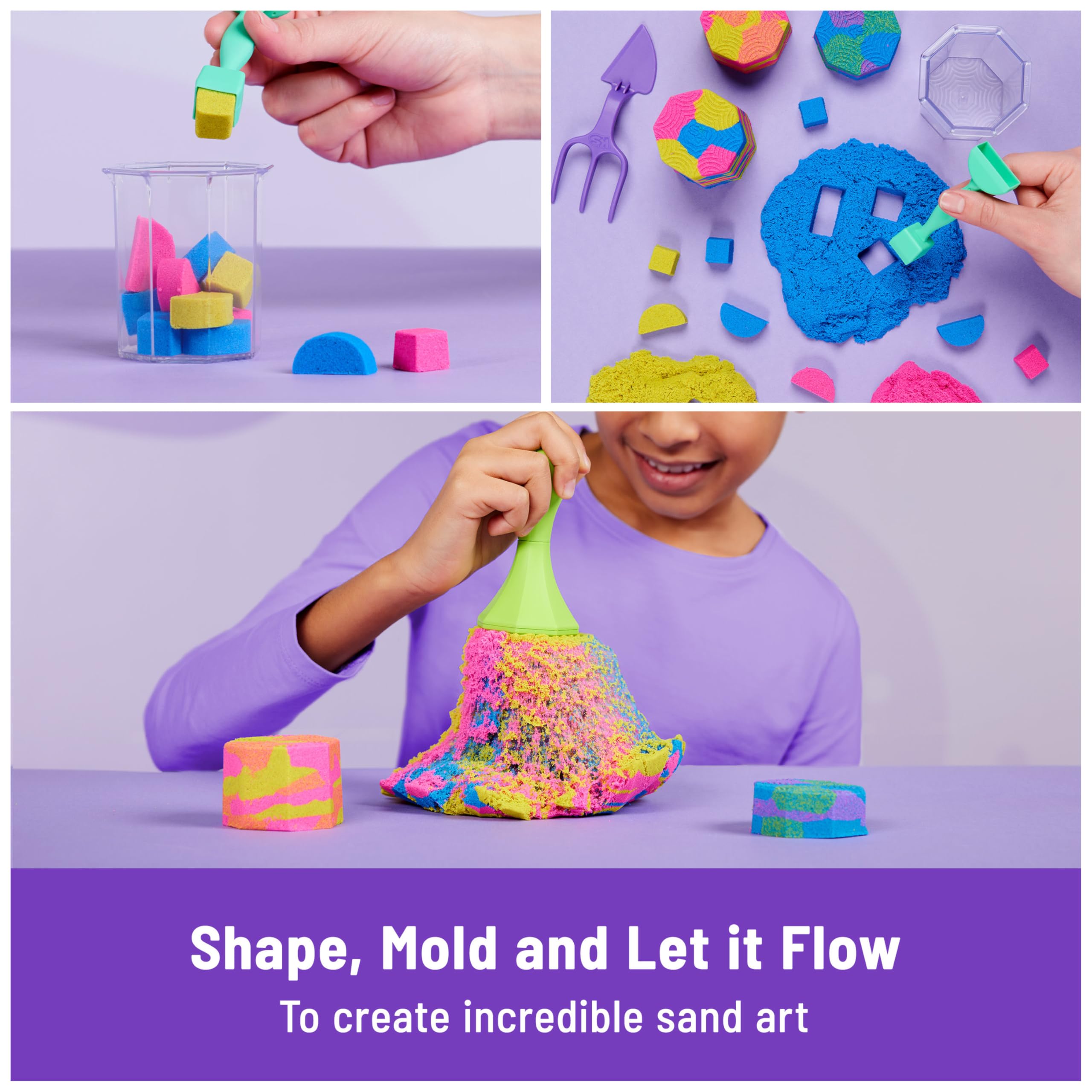 Kinetic Sand Squish N’ Create Playset - 382g Blue, Yellow, Pink Sand | 5 Tools | Ages 3+ 4