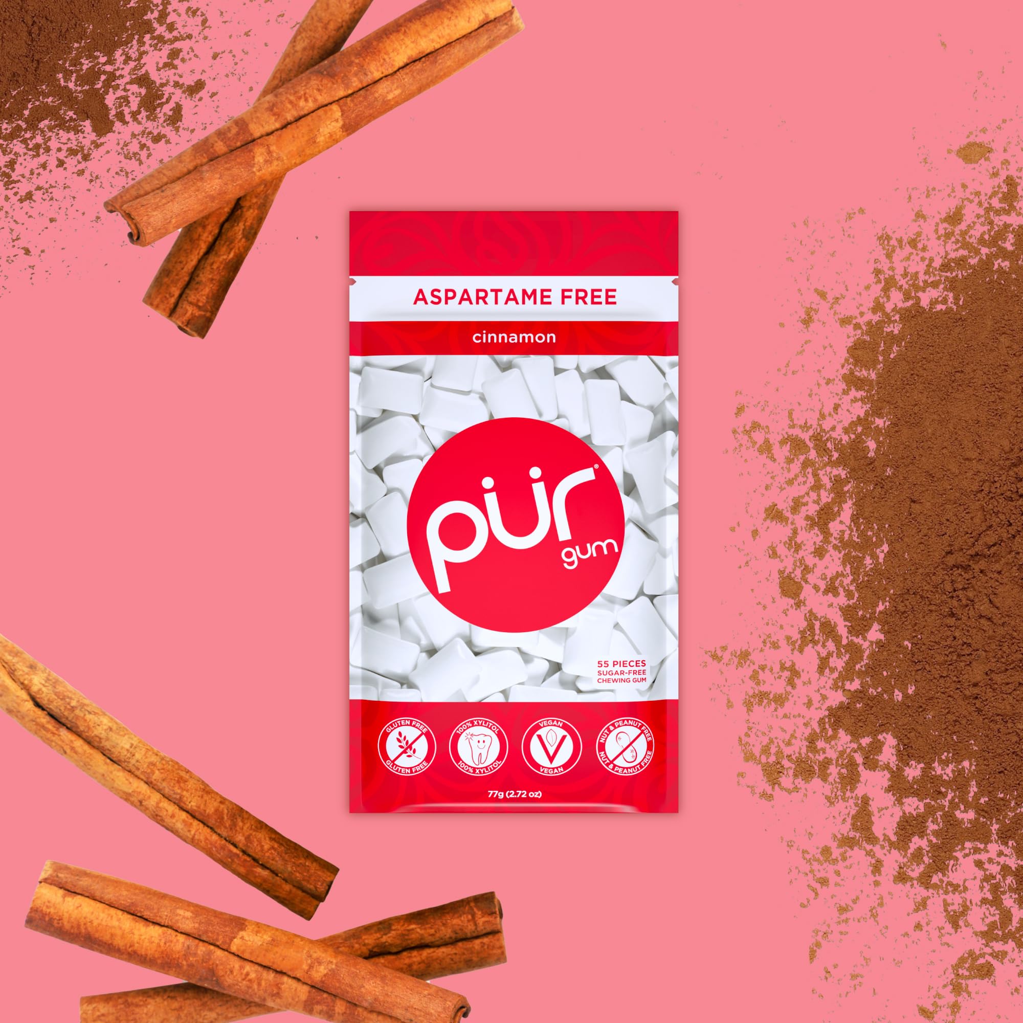 PUR Gum Sugar Free Chewing Gum - Natural Cinnamon Flavor, Xylitol Sweetened, 6 Pack of 55 Tablets