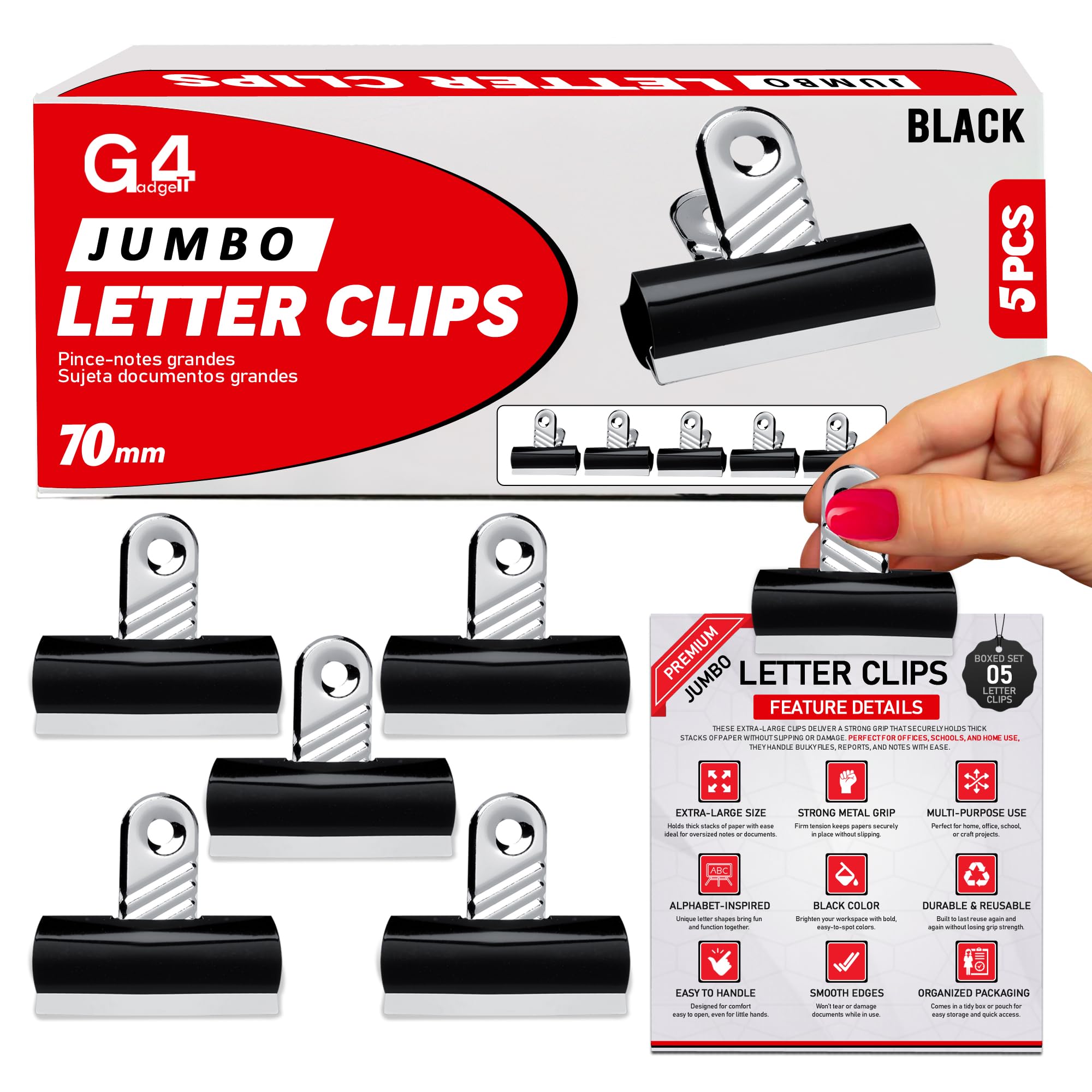 G4GADGET Jumbo Black Bulldog Clips - 70mm Heavy-Duty Metal Binder Clips | Pack of 5 | Rust-Resistant