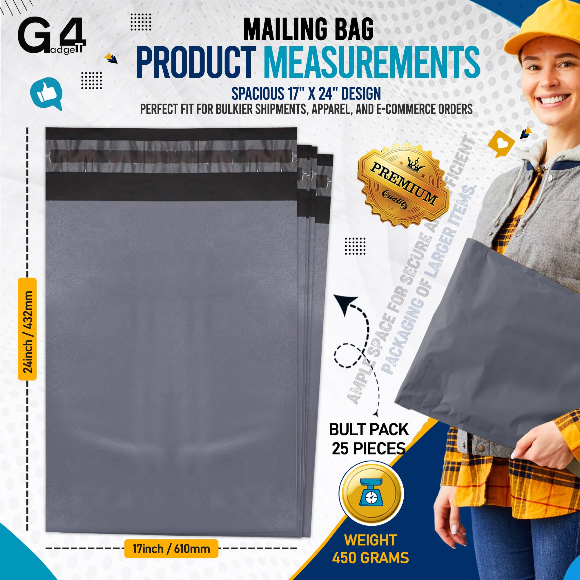 G4GADGET Large Grey Box Mailers - 25 Pack | 17 x 24 Inches | Strong Plastic Poly Mailers 3