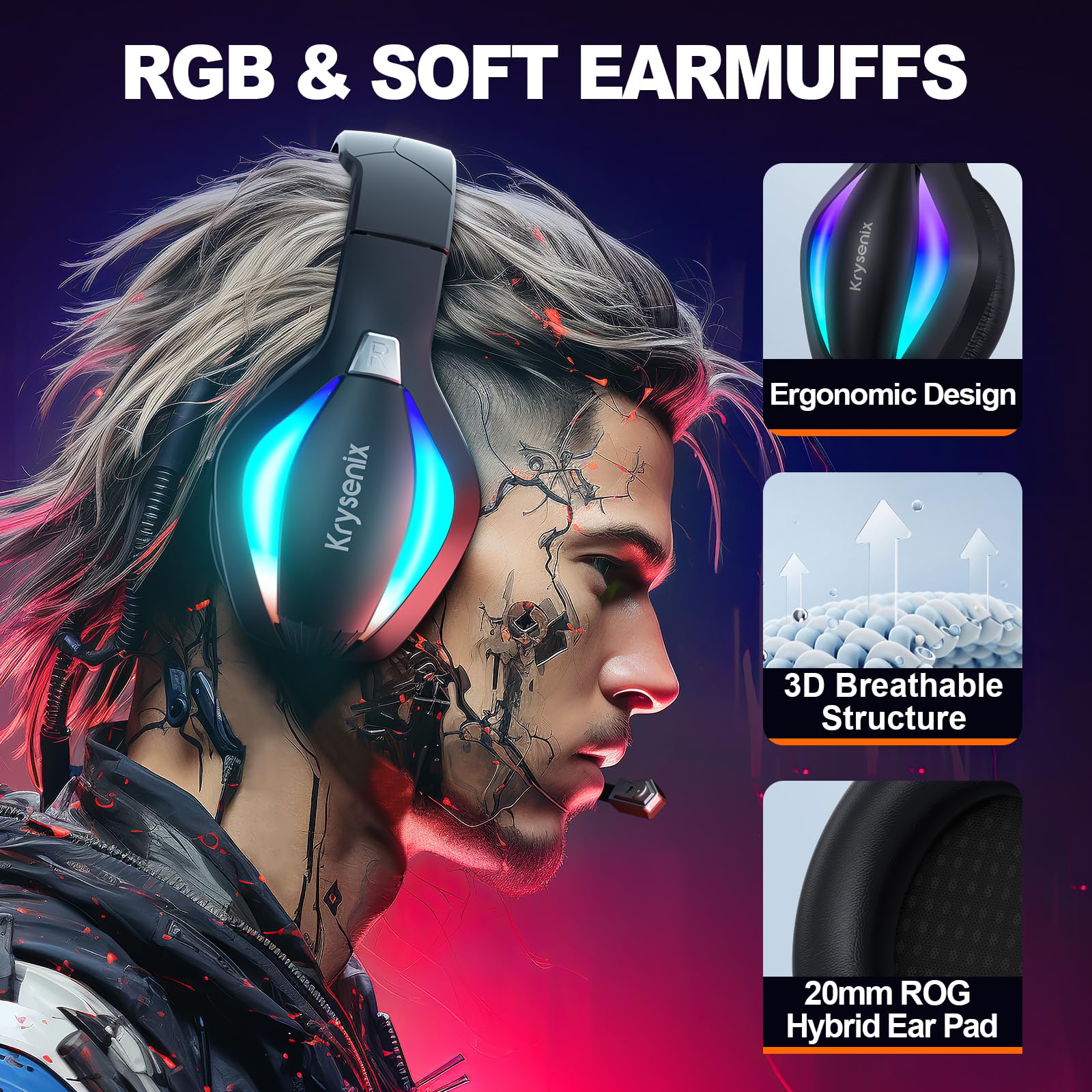Krysenix PG1 RGB Gaming Headset - Multi-Platform Compatible, Stereo Surround Sound, Noise-Canceling Mic 2