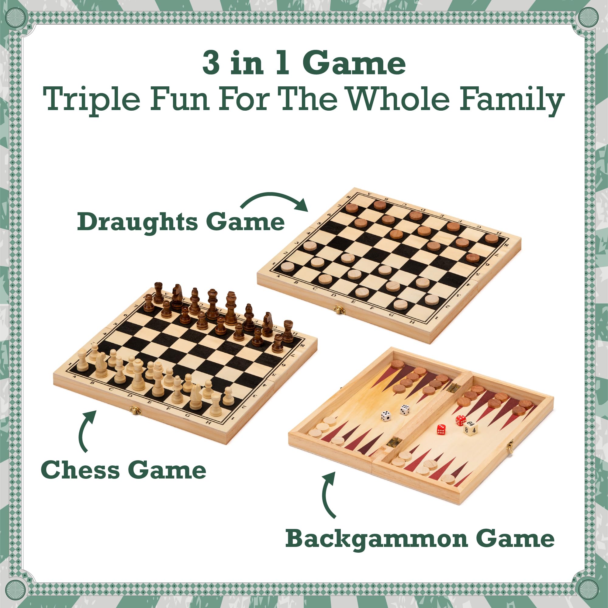 Toyrific 3-in-1 Classic Edition Chess, Draughts & Backgammon Set | Wooden Board | 2 Players 4