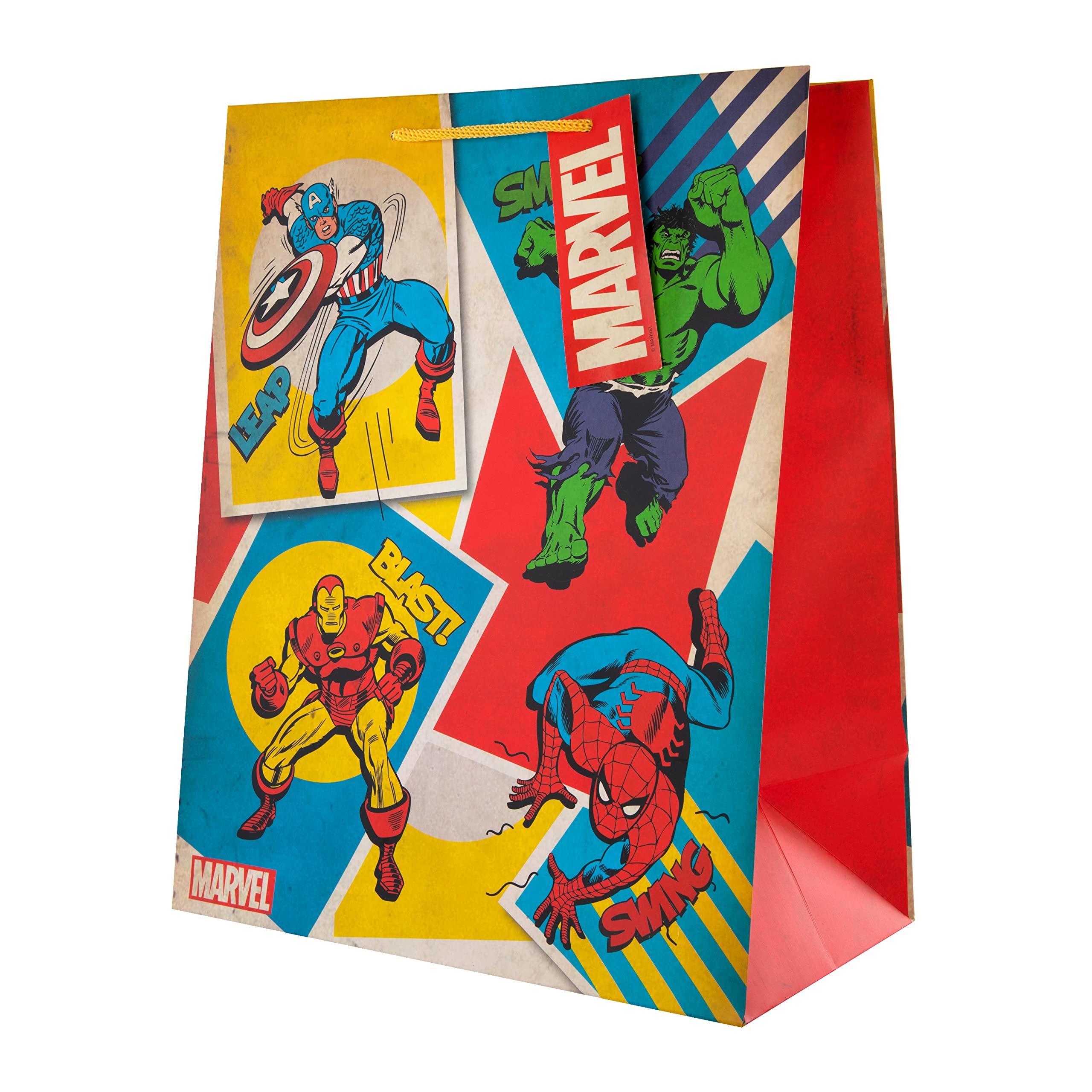 Hallmark Large Marvel Avengers Gift Bag with Tag | Yellow Cord Handles | 33cm x 26.5cm x 14.6cm