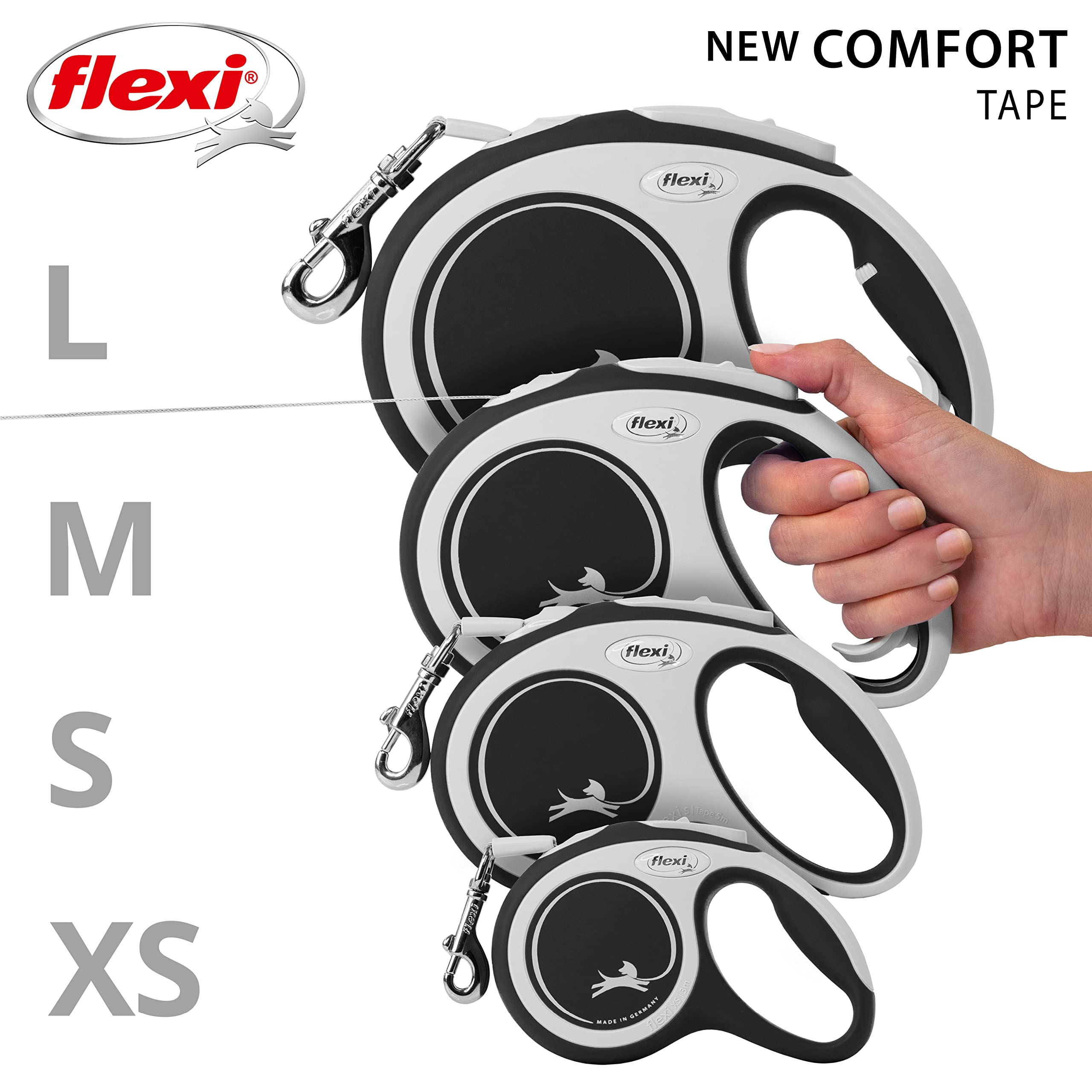 flexi New Comfort Tape Retractable Dog Lead - 8m Tape | Up to 50kg/110lbs | Grey & Black 6