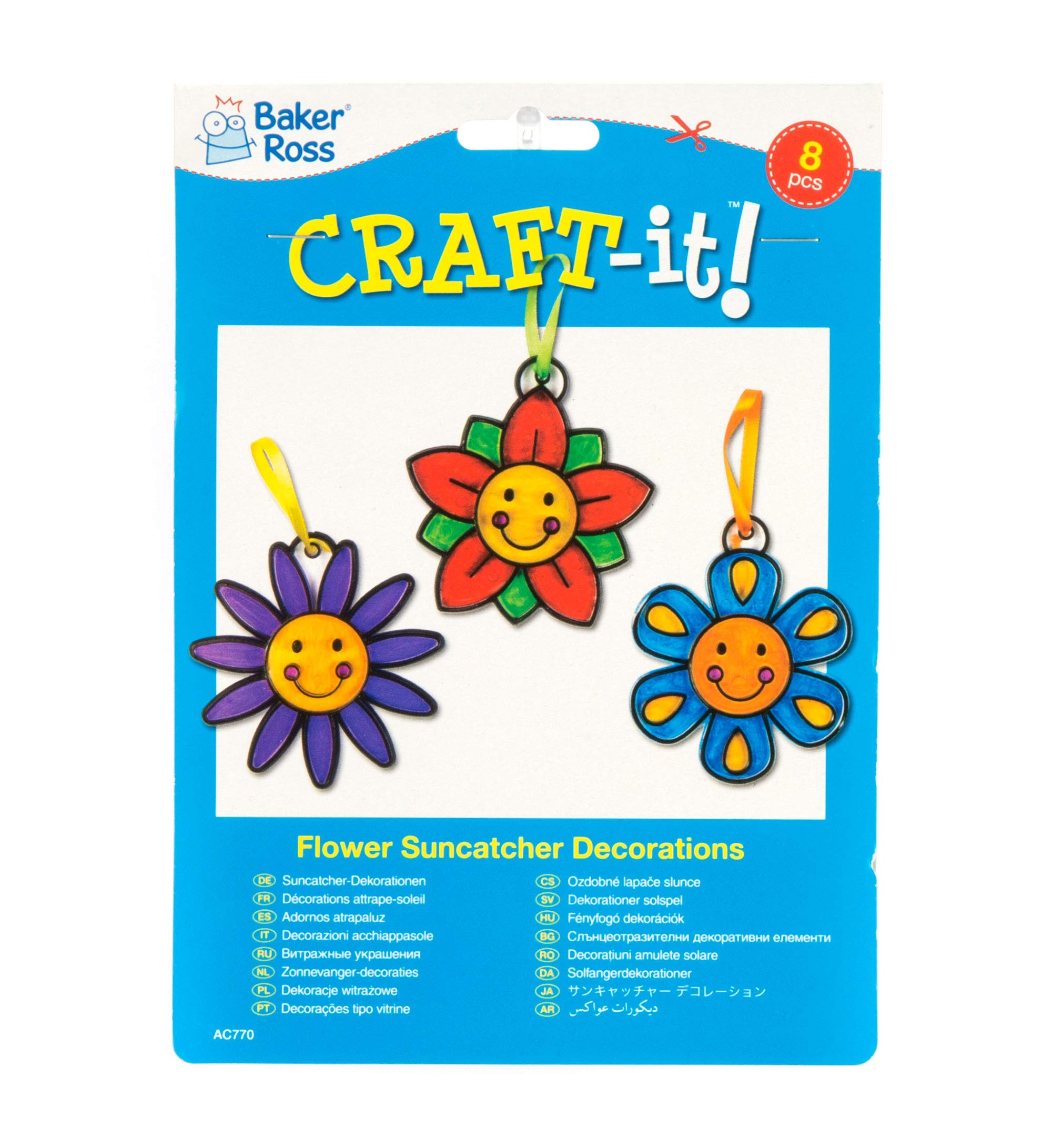 Baker Ross Smiley Flower Suncatcher Crafts Kit - Acrylic, Pack of 8 | 3 Inch Wide 6