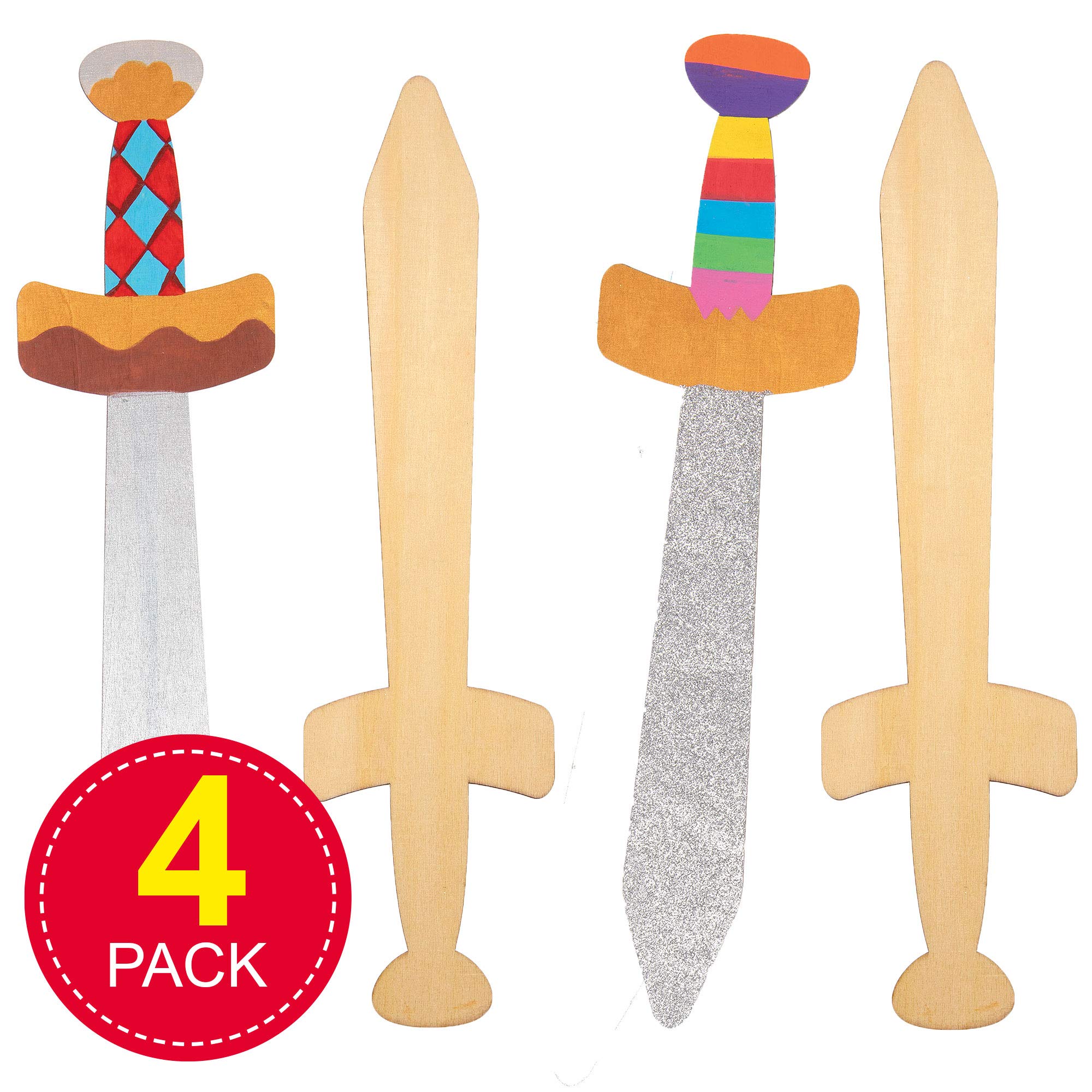 Baker Ross Wooden Swords for Kids to Paint - Pack of 4, Knight Wood Craft Kit | 15 Inch