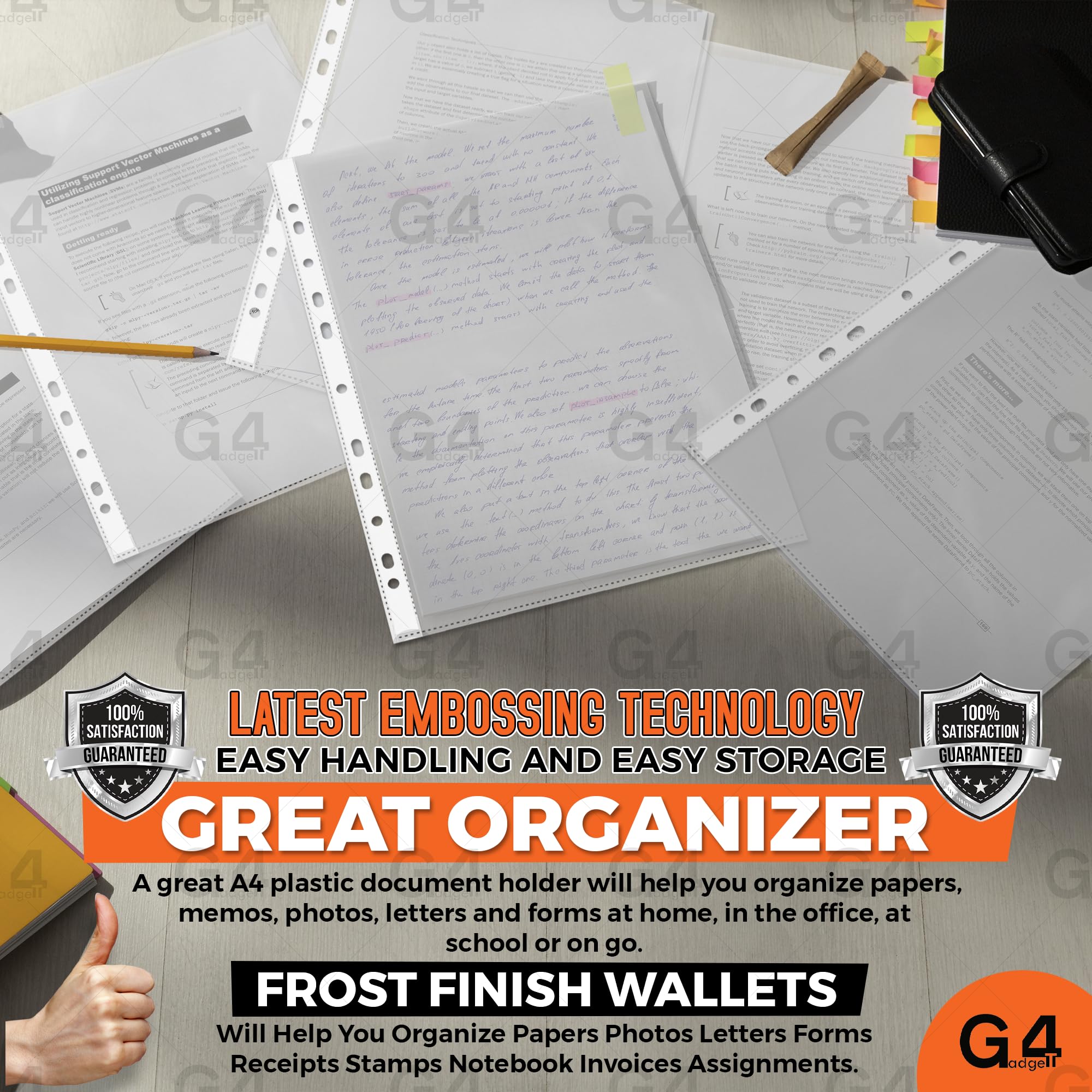 G4GADGET A4 Punched Sheet Protectors - 200 Pack | 30 Micron Polypropylene | Frost Finish 8