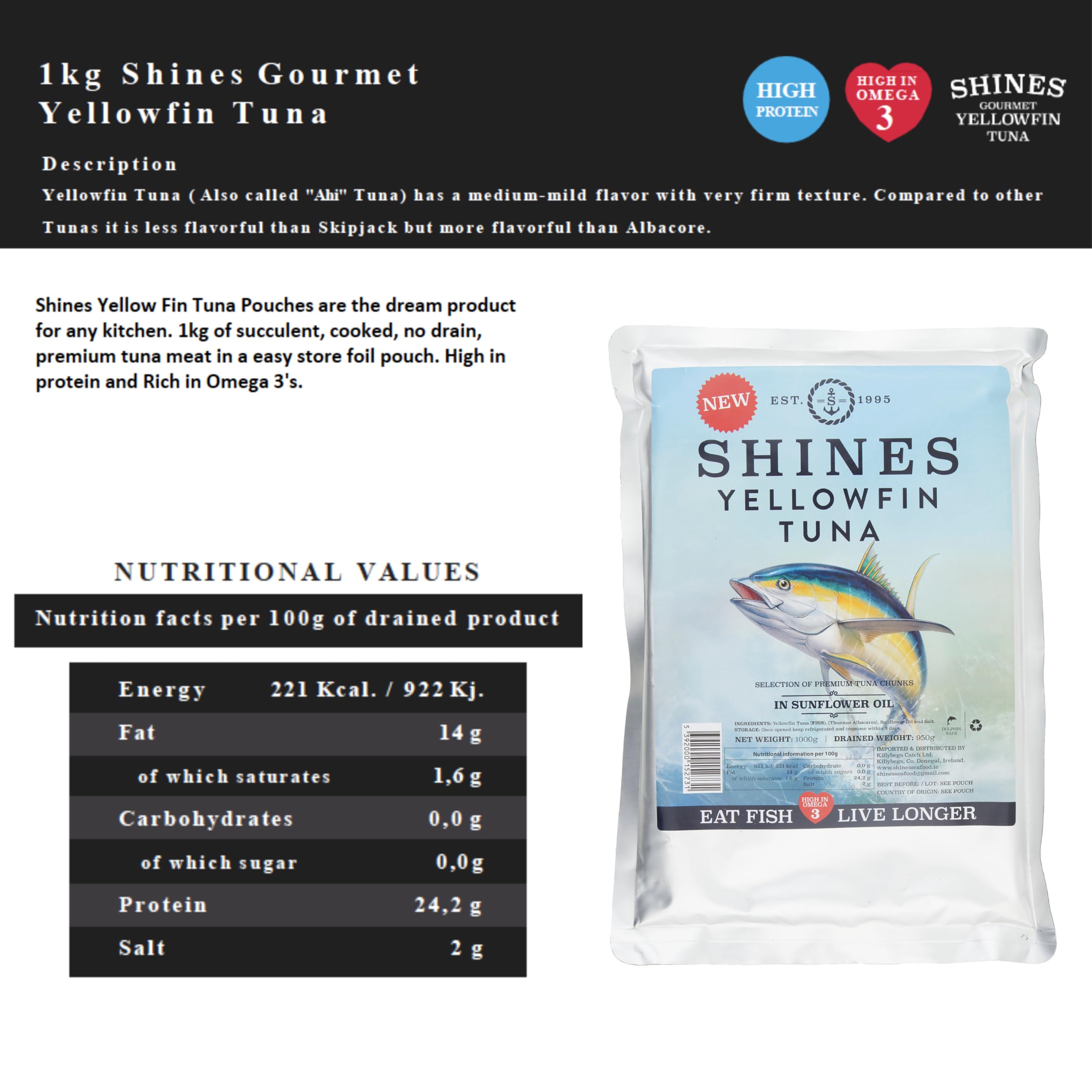 Shines Gourmet Wild Yellowfin Tuna in Oil - 1kg Pouch | High Omega 3 | Low Carb | Gluten-Free 8