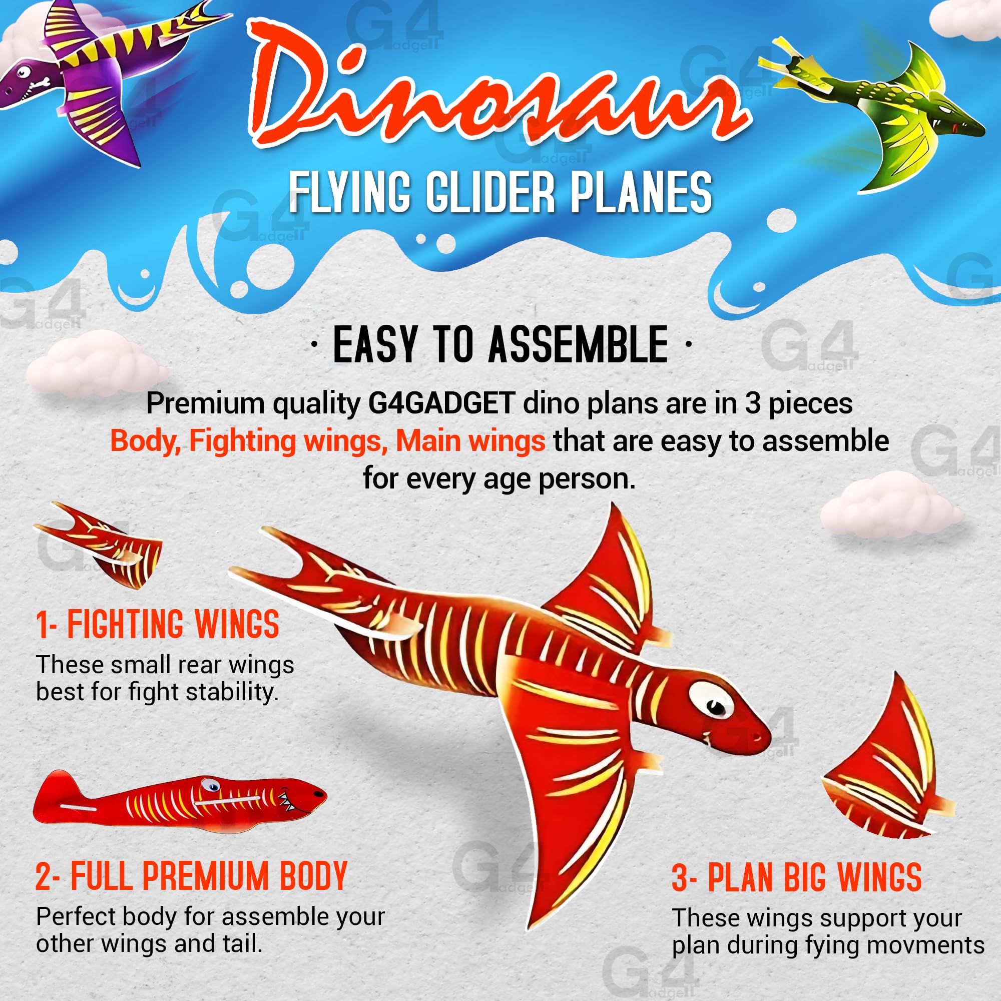 G4GADGET Pack of 12 Dinosaur Flying Glider Planes - Lightweight Foam, 4 Assorted Designs, Ideal for Kids Ages 3+ 3