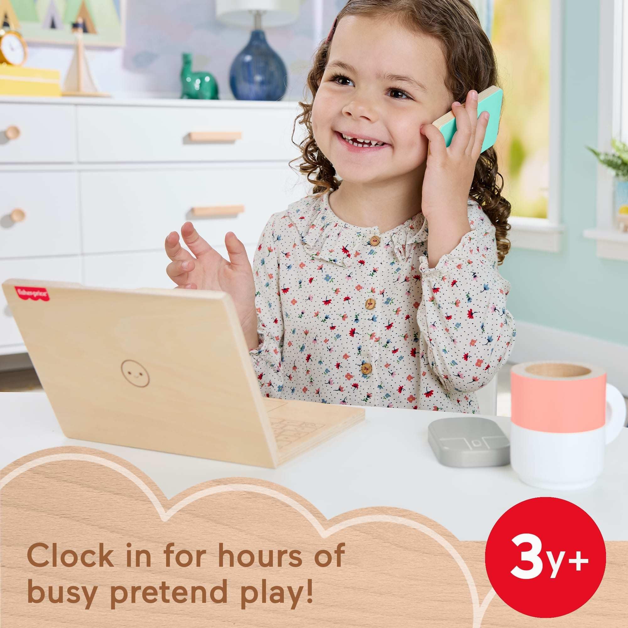 Fisher-Price Wood Pretend Play Work From Home Set, 9-Piece Office Playset 6