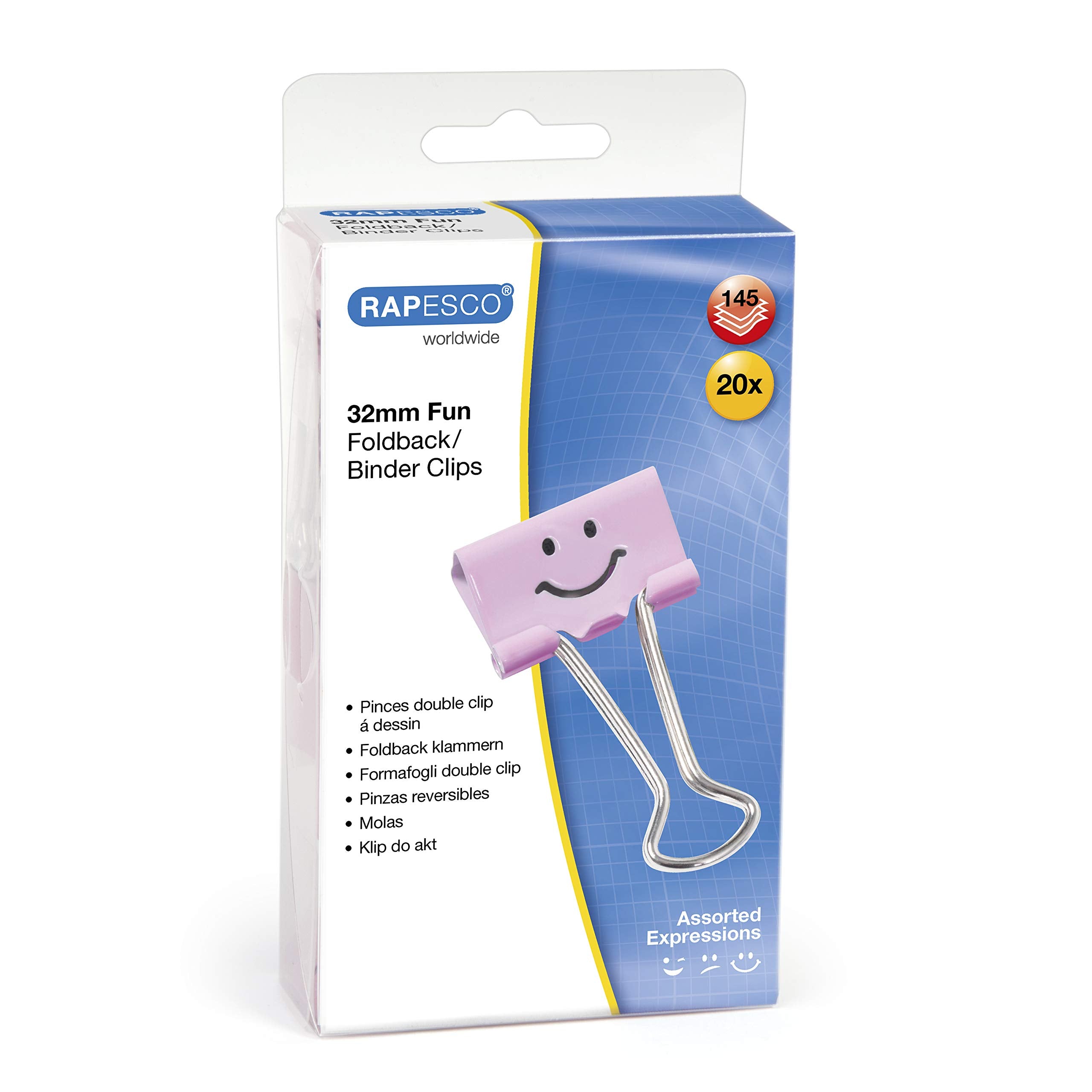 RAPESCO Fold-Back Binder Clips - 1-1/4-Inch, Assorted Emojis, Candy Pink, Box of 20