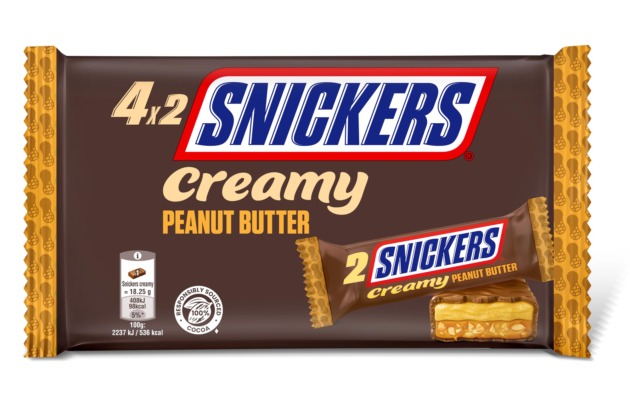 Snickers Cremige Erdnussbutter- und Milchschokoladen-Snackriegel, Multipack (4 x 36,5 g)