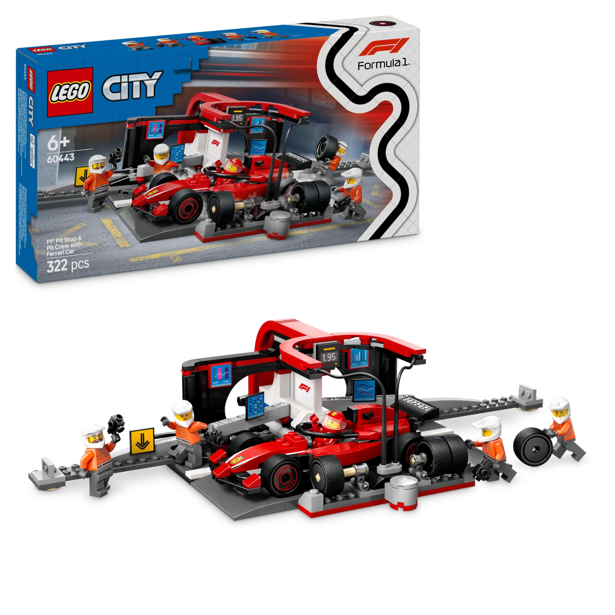 LEGO City F1 Pit Stop & Pit Crew with Ferrari Car Building Set | Model 60443 | Ages 6+