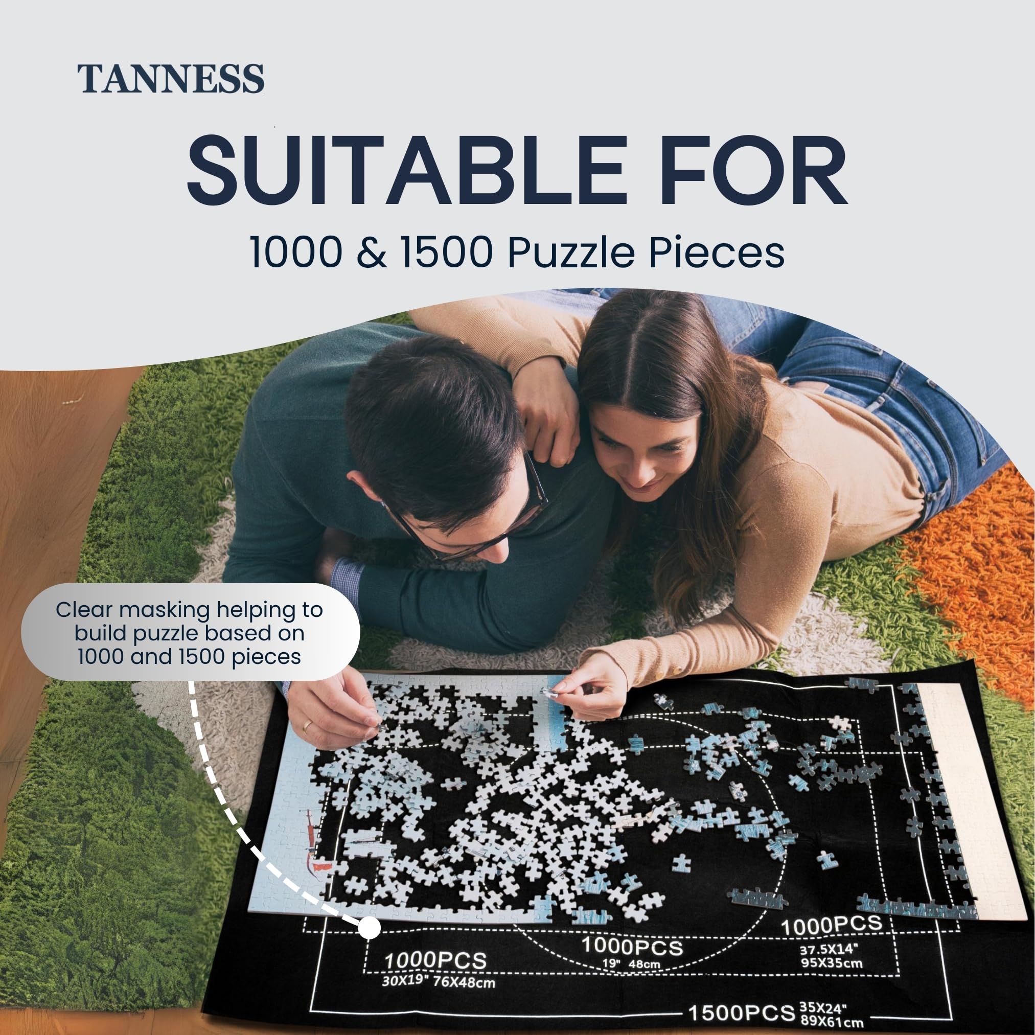TANNESS Jigsaw Puzzle Mat - Roll-Up Storage for Up to 1500 Pieces | Black Felt, 118cm x 118cm 4