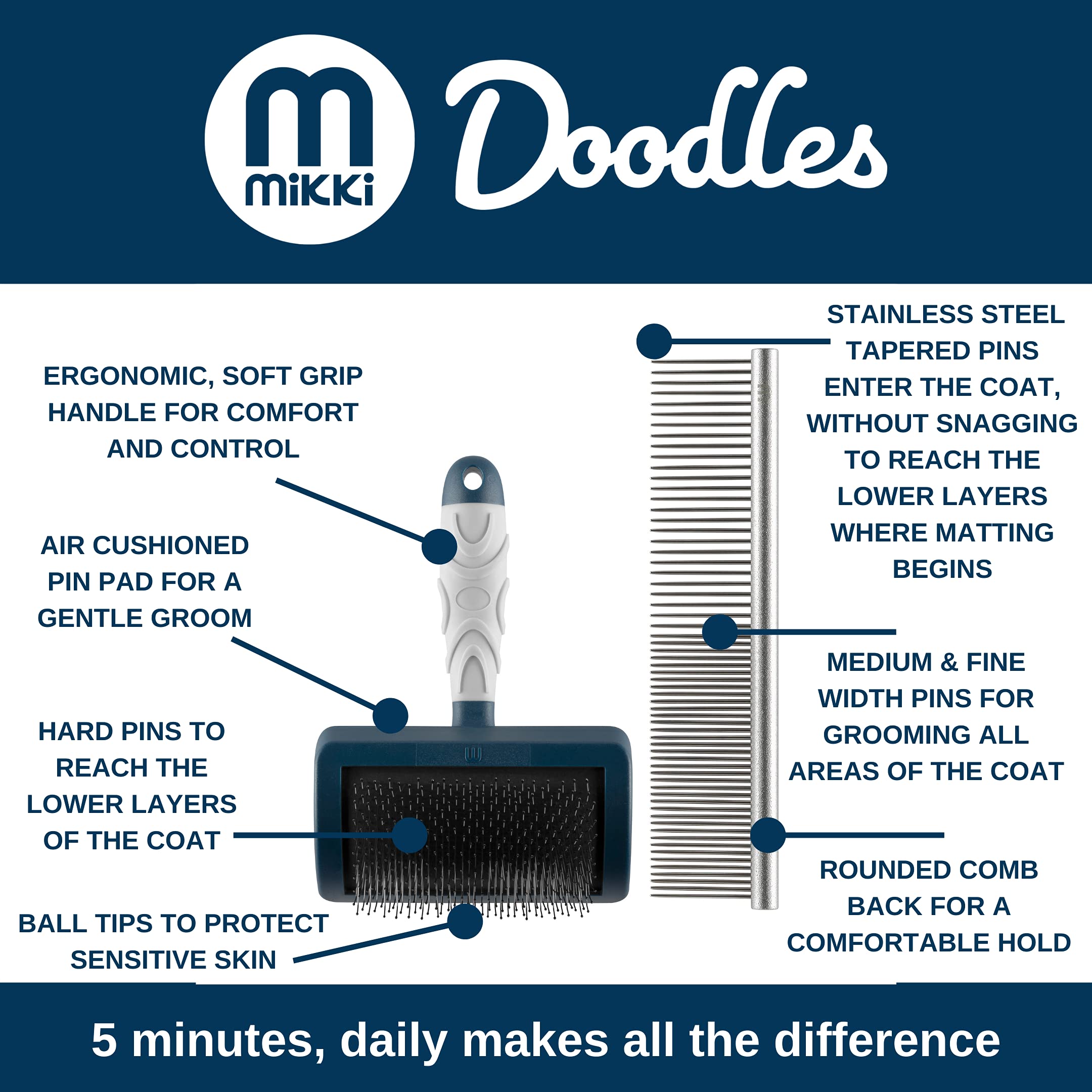 Mikki Dog Brush Set: Stainless Steel Comb & Hard Pin Slicker for Doodles | Small Size 8