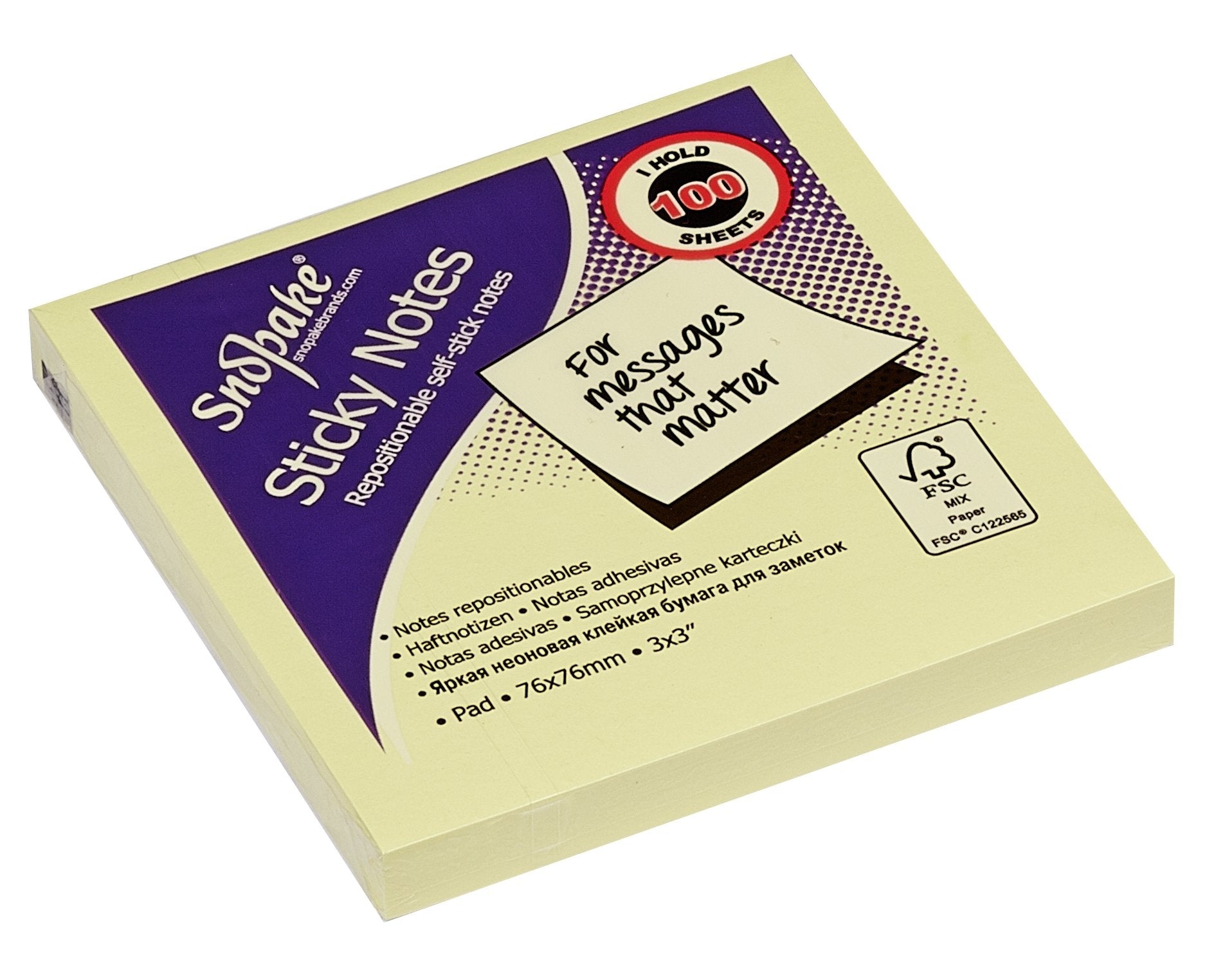 Snopake Yellow Self-Stick Notes - 76 x 76 mm | 12 Pads of 100 Sheets | Repositionable 3