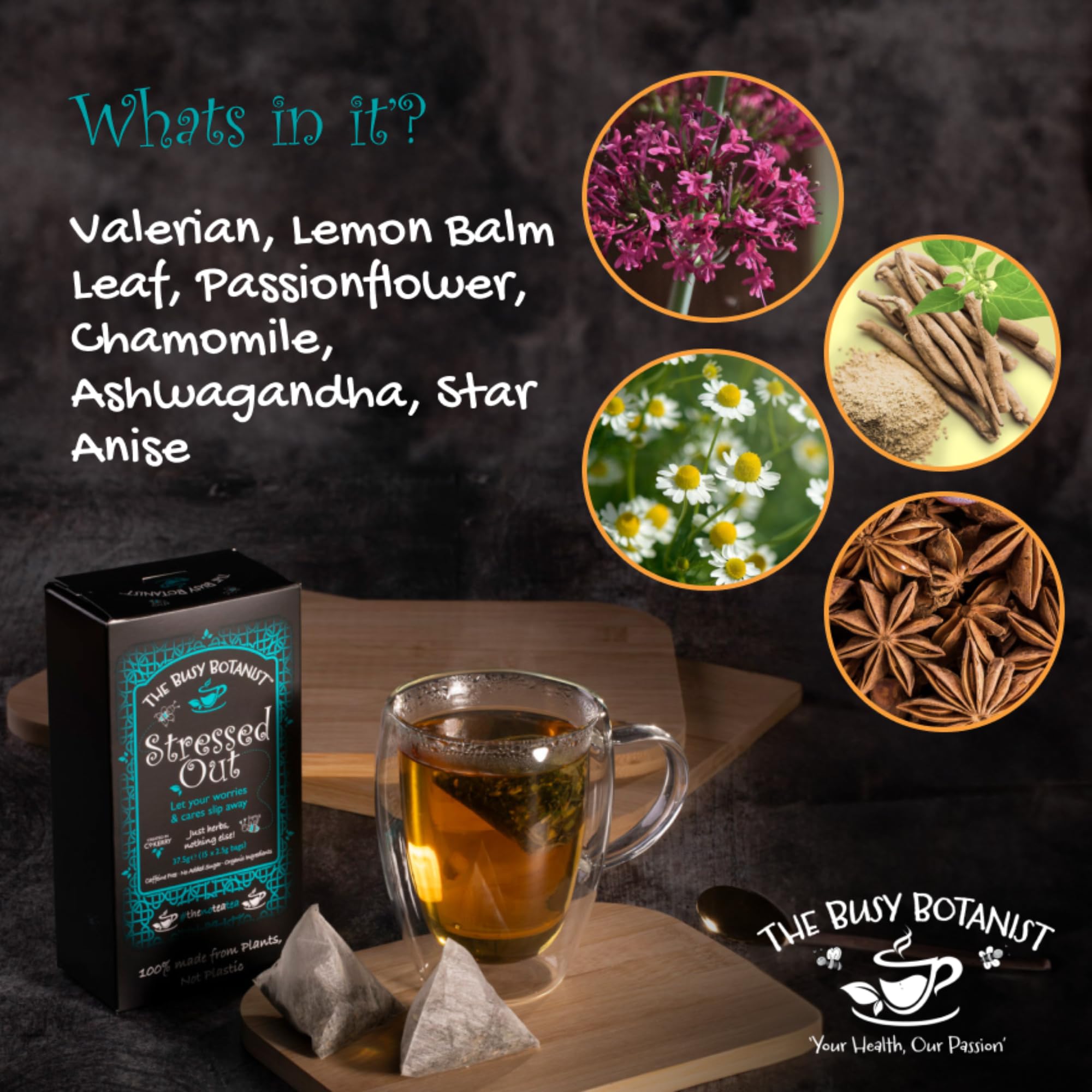 Stressed Out Herbal Tea with Valerian Root, Chamomile & Ashwagandha - 30 Caffeine Free Biodegradable Tea Bags 8