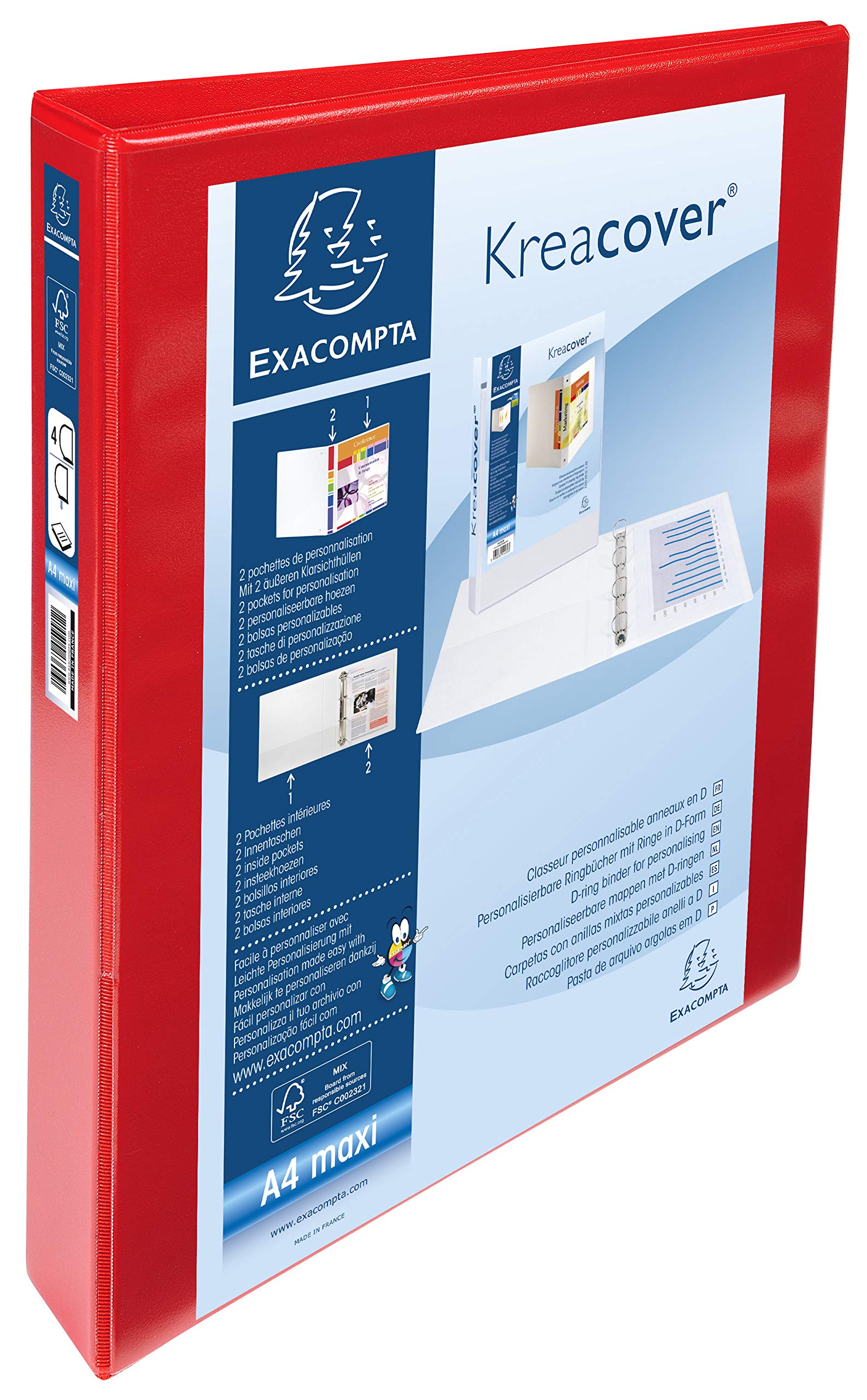 Exacompta Kreacover D-Ring Binder - Customizable, Rigid PP, 4 D-Rings, 47mm Spine, A4 Maxi | Red