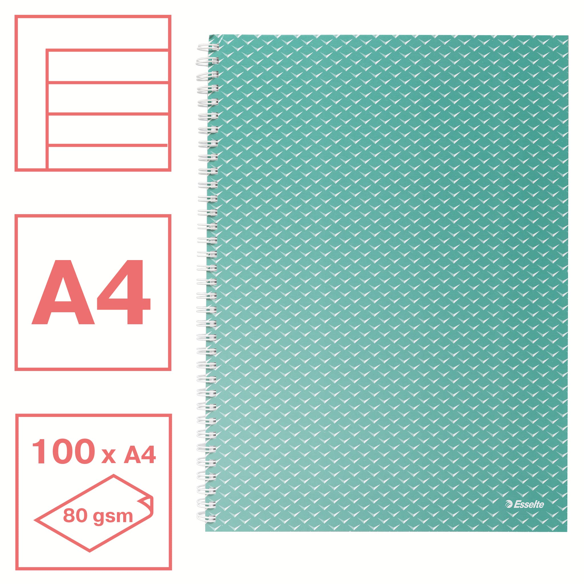 Esselte A4 Wirebound Notebook Ruled, 100 Sheets/200 Pages, Green | Colour'Breeze Embossed Cover