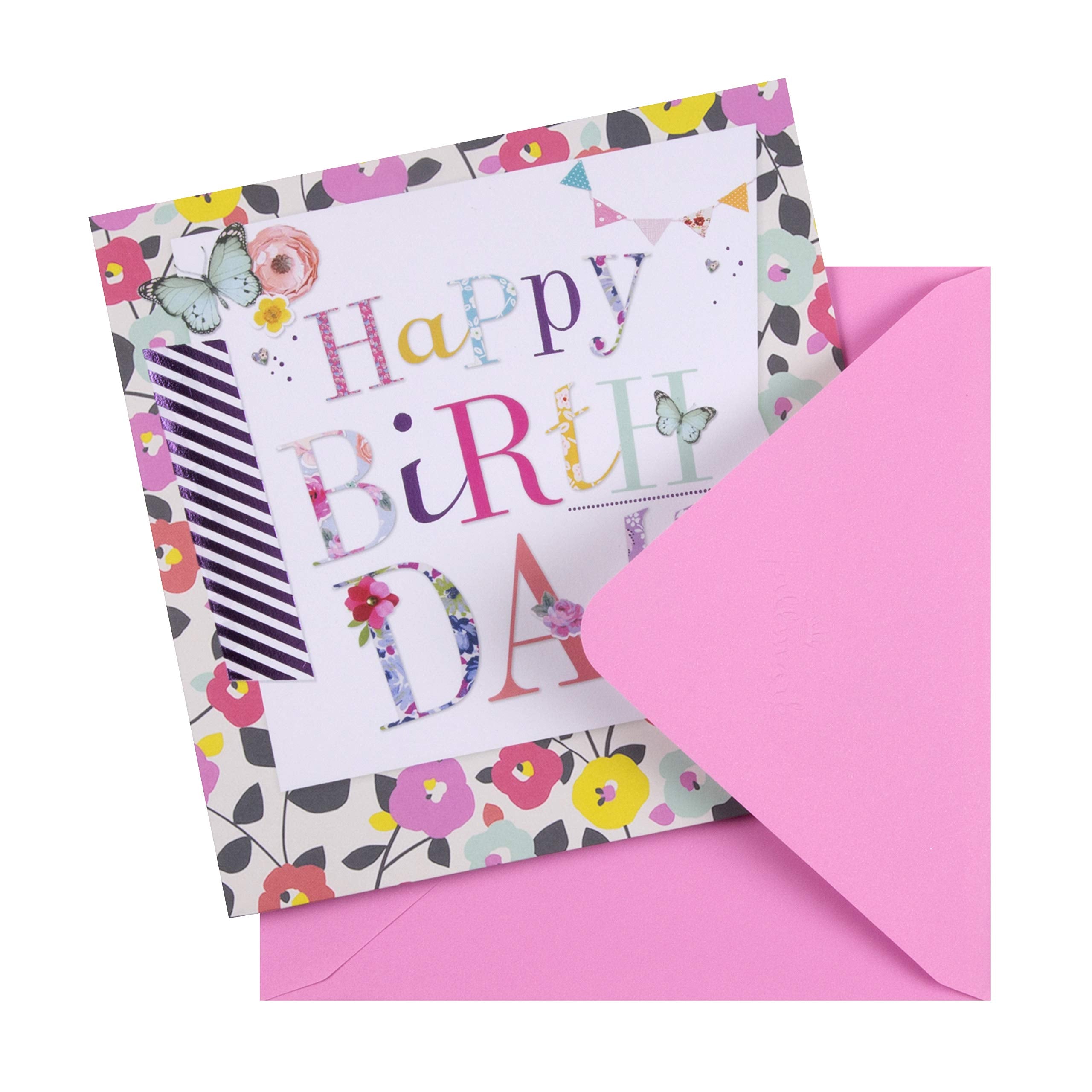 Hallmark Birthday Greeting Card - Butterfly & Floral Design | Embossed & Purple Foil | 16cm Square