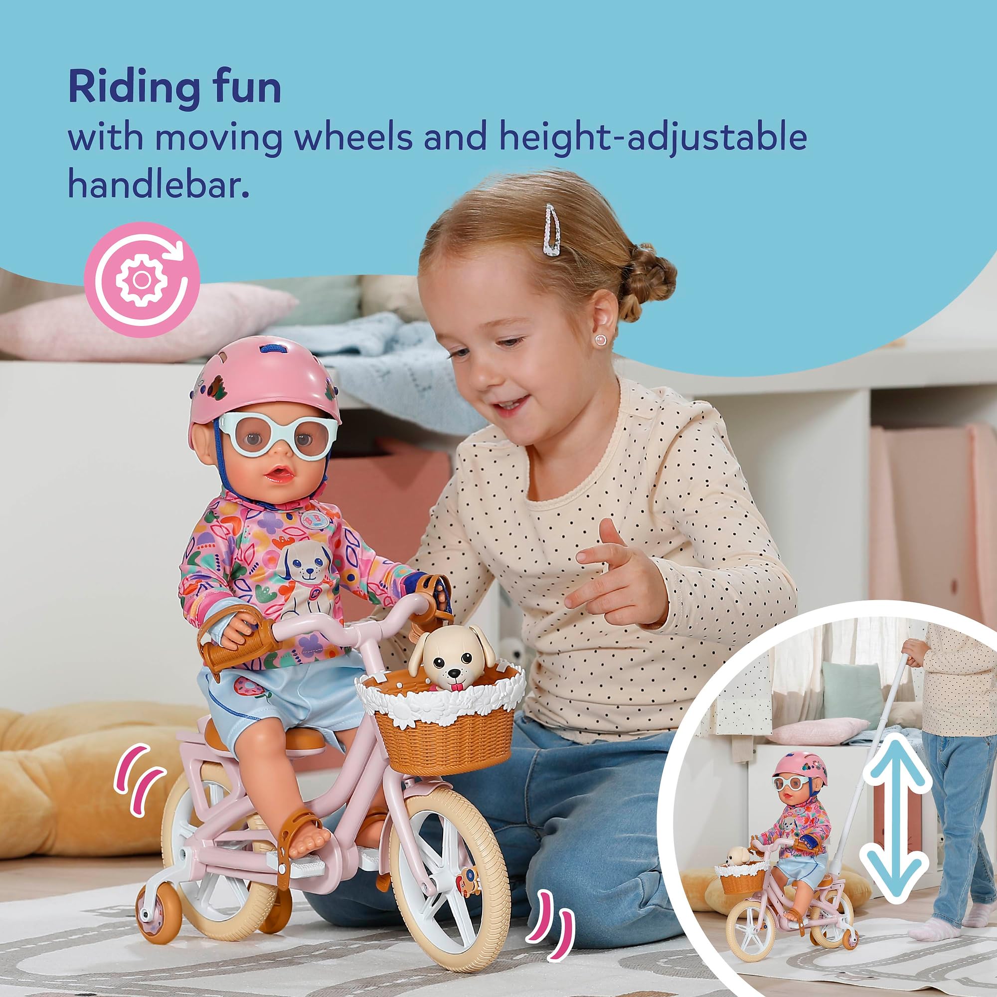 BABY born Doll Bicycle with Lucky Dog Carrier | Height-Adjustable Handle | Brown Plastic 3