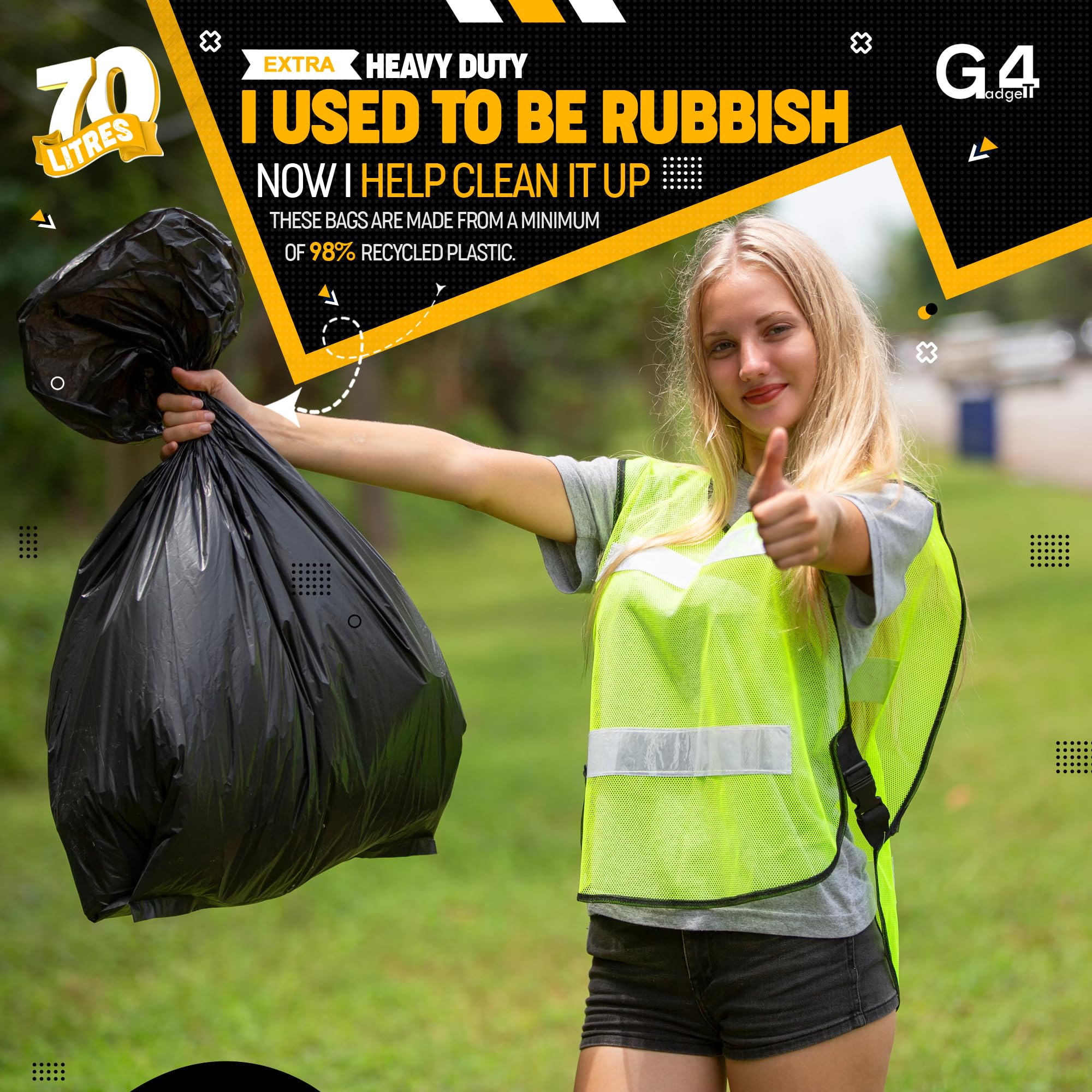 G4GADGET 70L Black Bin Bags - 50 Count Refuse Sacks for Heavy Loads | Recyclable Plastic