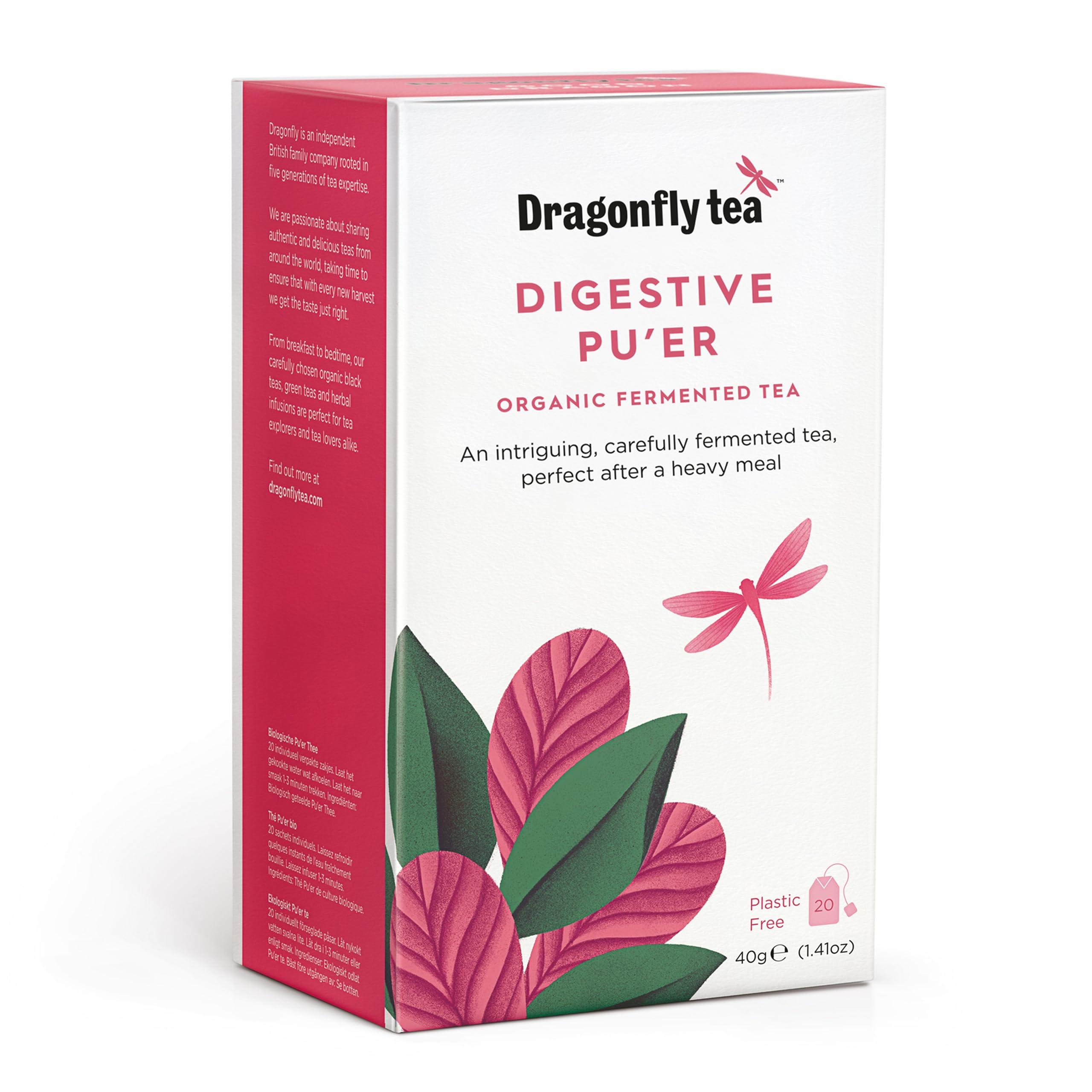 DRAGONFLY Organic Pu'er Herbal Tea - Fermented, Earthy Sweetness | 80 Teabags (4x20)