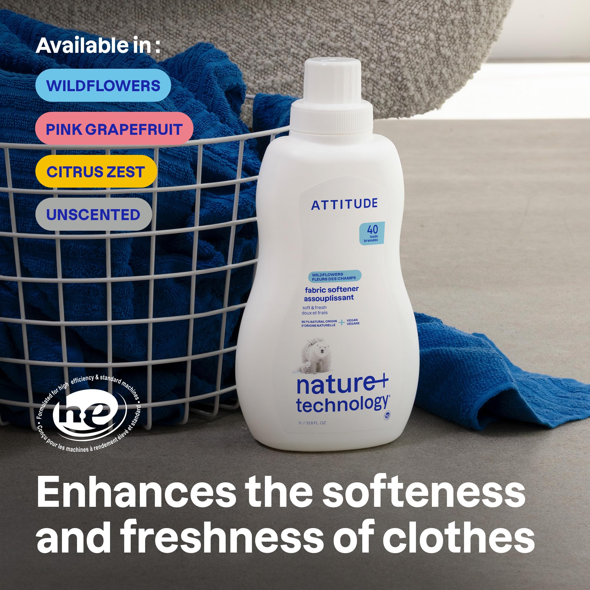 ATTITUDE Liquid Fabric Softener - Plant-Based, Vegan, HE Compatible, Citrus Zest Scent, 1 l