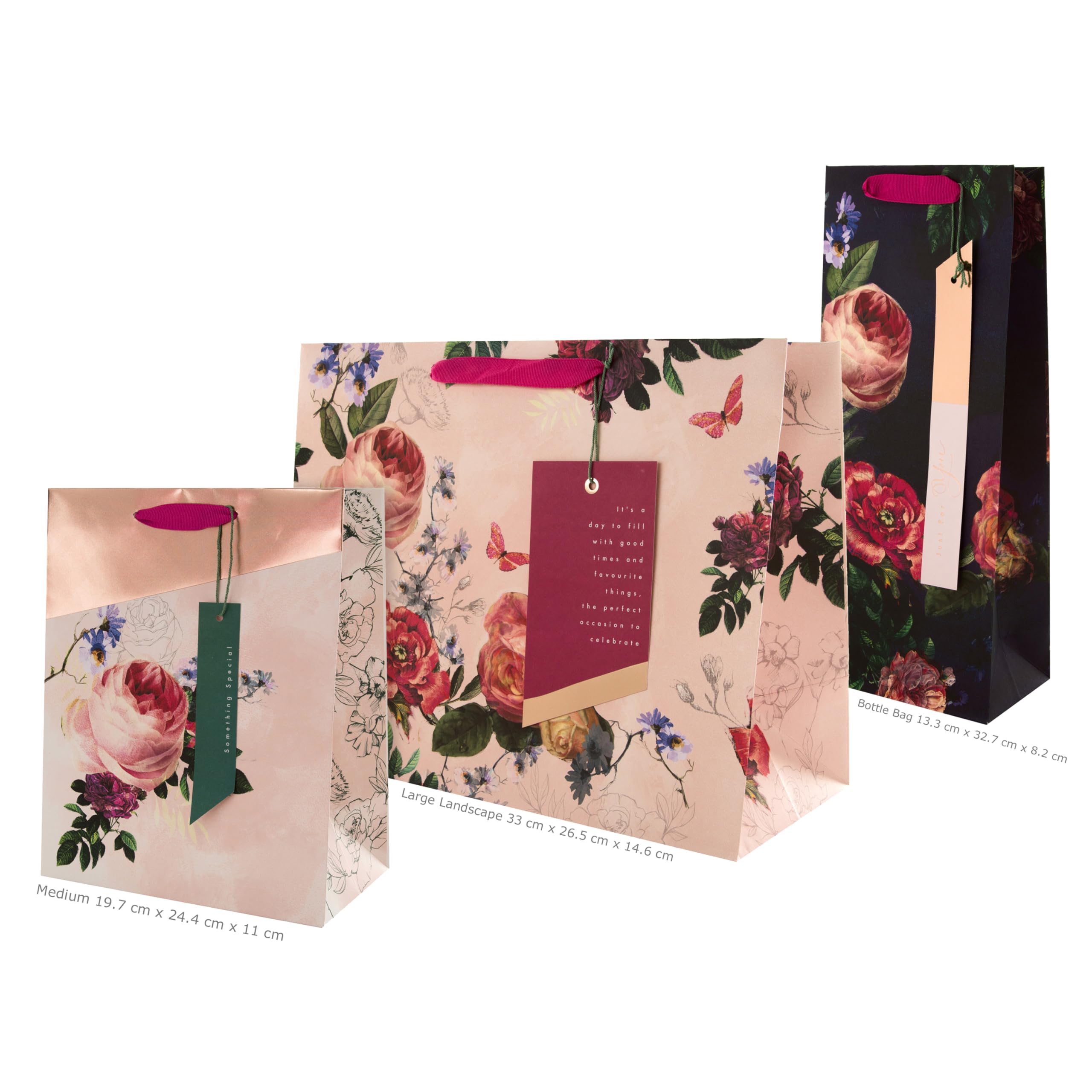 Hallmark Gift Bags - Pack of 3 (Large, Medium, Bottle) | Pink Floral with Rose Gold Foil 4
