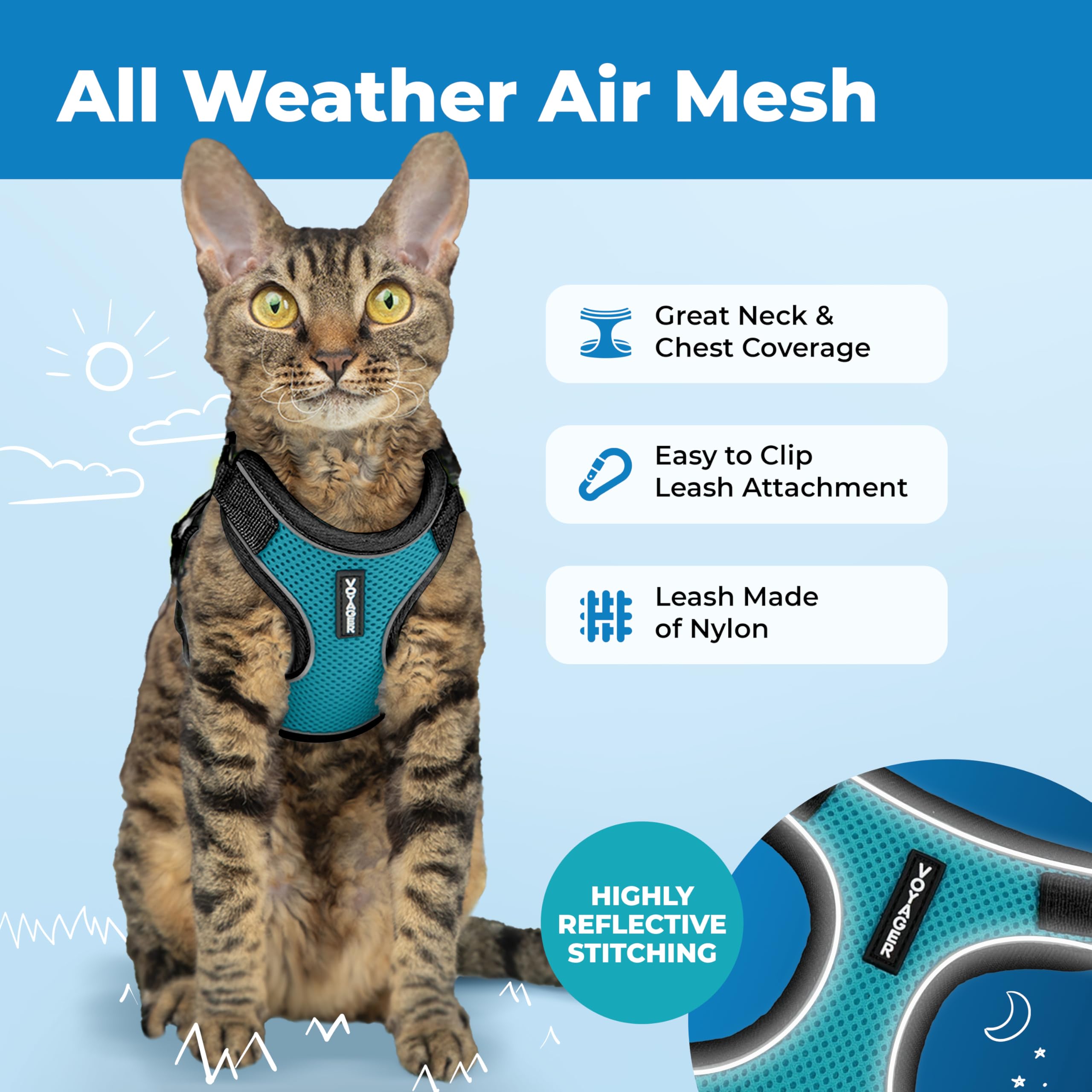Best Pet Supplies Voyager Escape Proof Cat Harness and Leash Set - Reflective Stitching, Neoprene Handle, 5ft Leash, XXXS, Turquoise 3